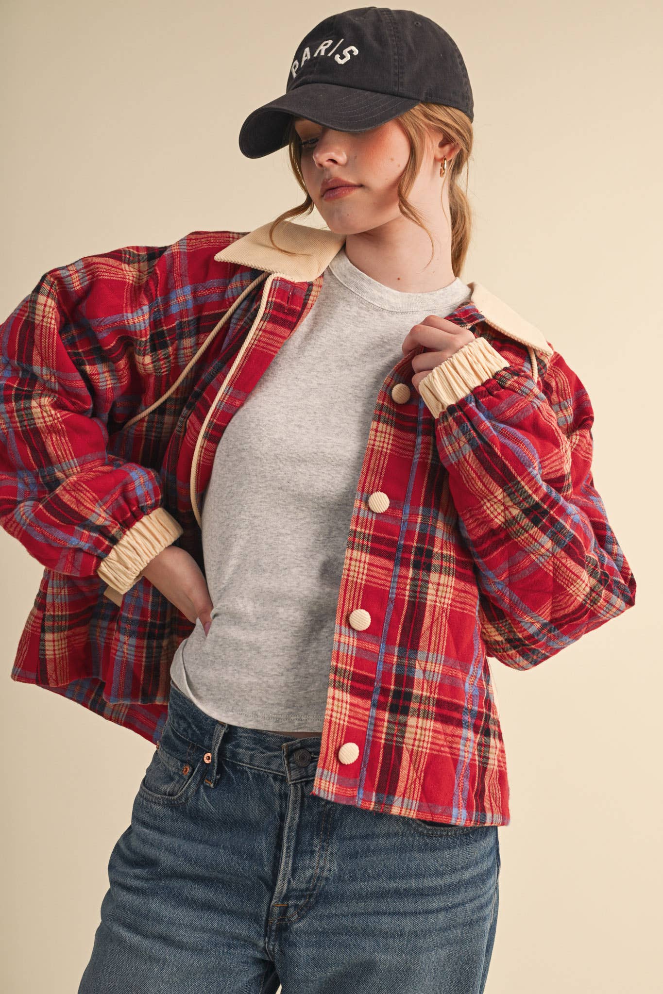 Plaid & Corduroy Contrast Quilted Jacket