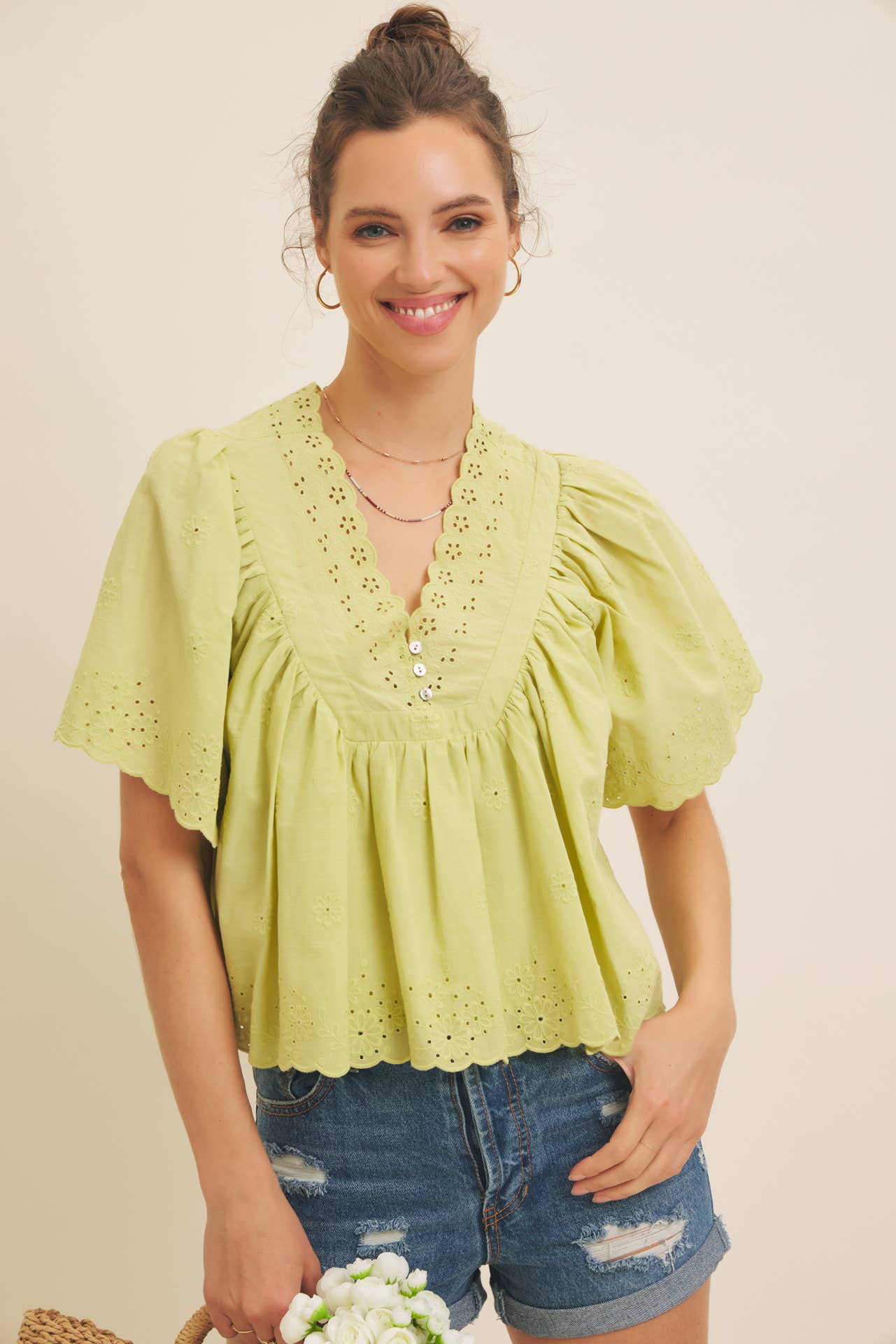 Elegant Scallop Eyelet Blouse