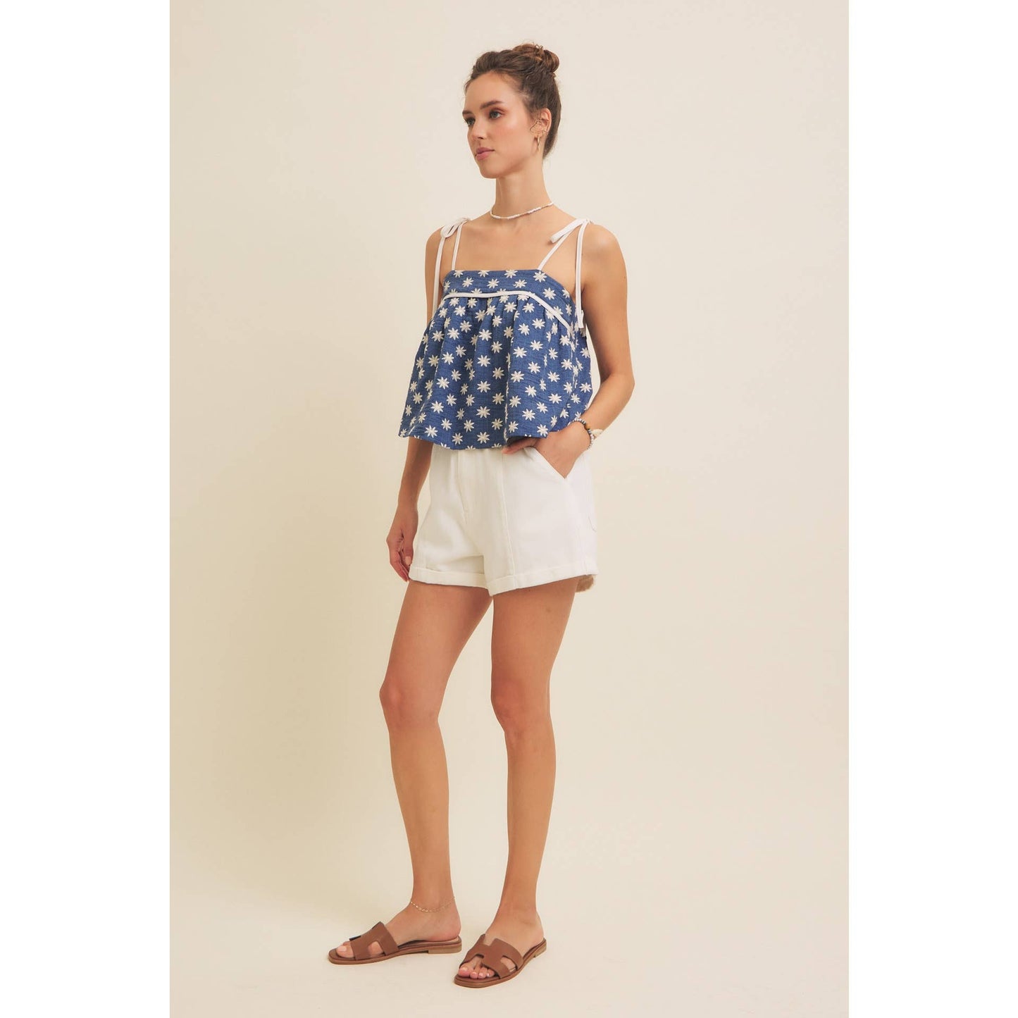 Embroidered Flare Tank Top with Bow Straps