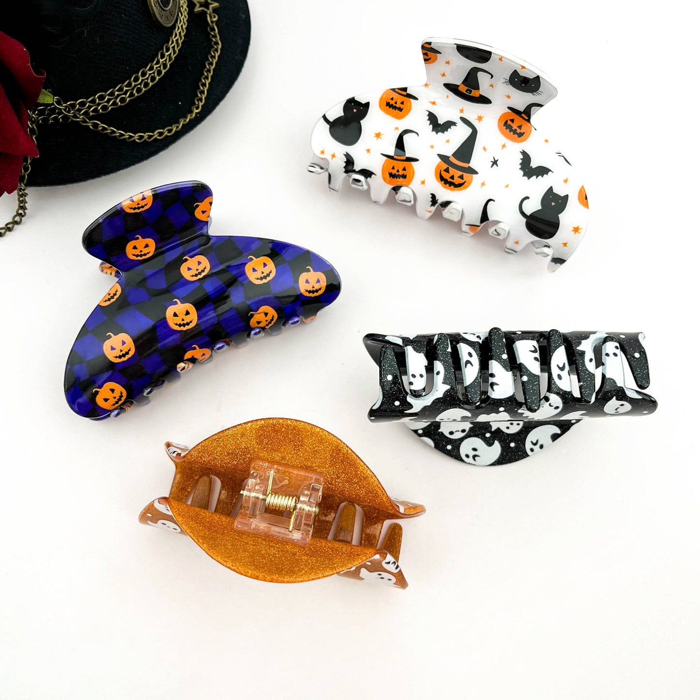 Pumpkin & Spirit Cat Halloween Claw Clip