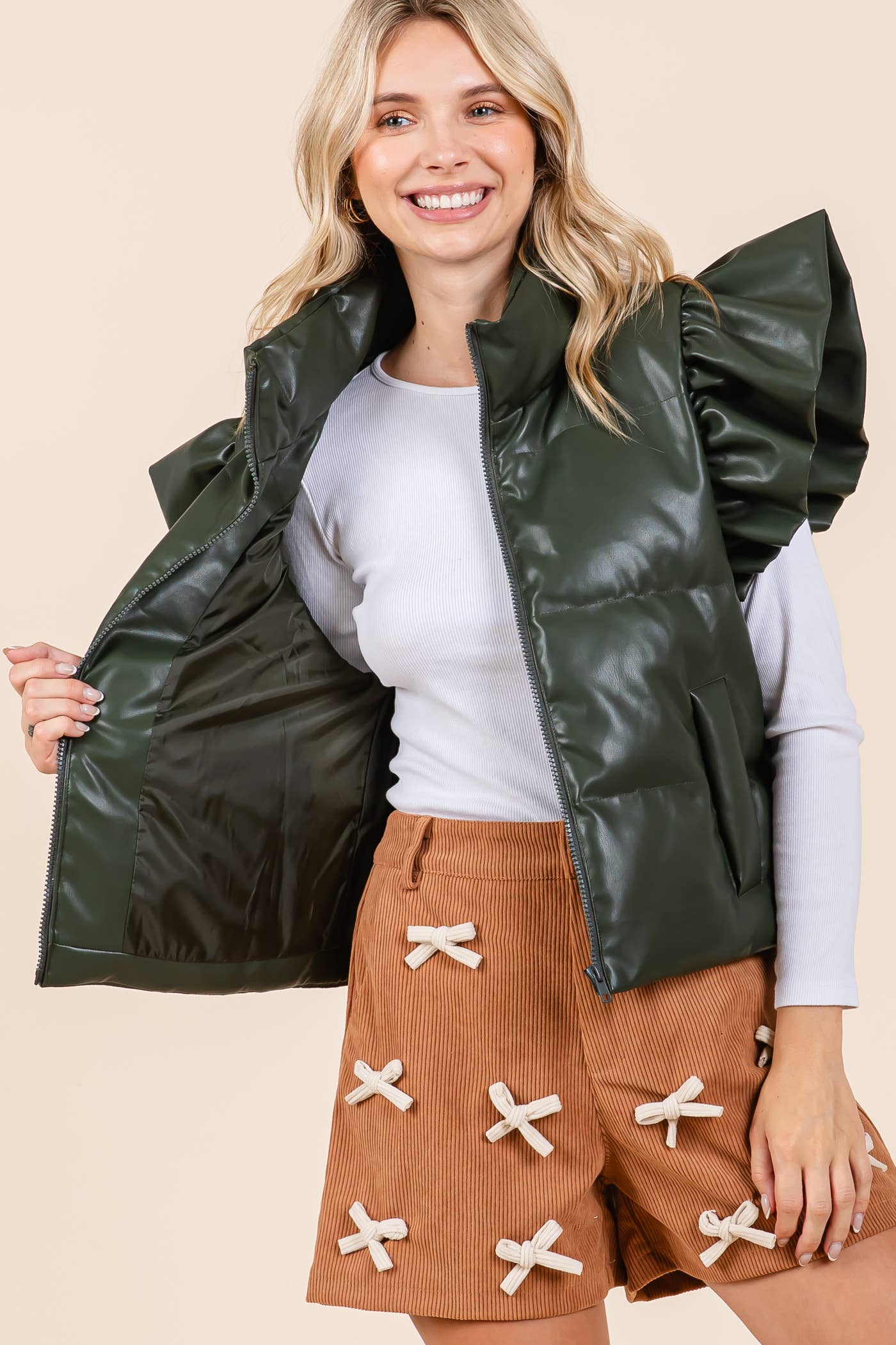 Faux Leather Ruffle Sleeve Puffer Vest
