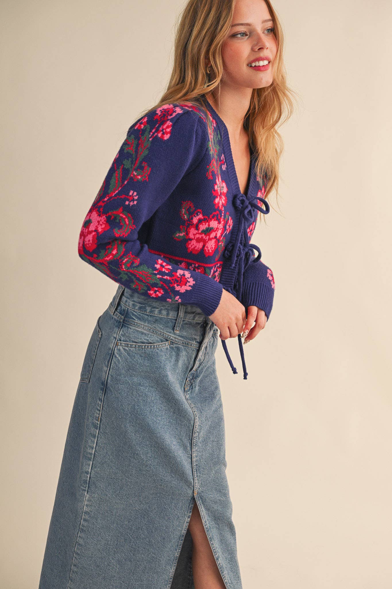 Floral Knit Tie-Front Cardigan