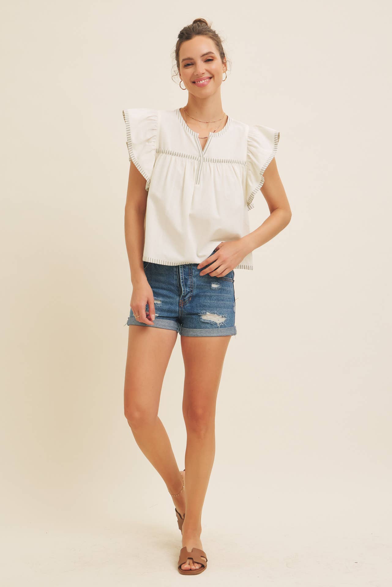 Flutter Sleeve Blouse with Contrast Stripe