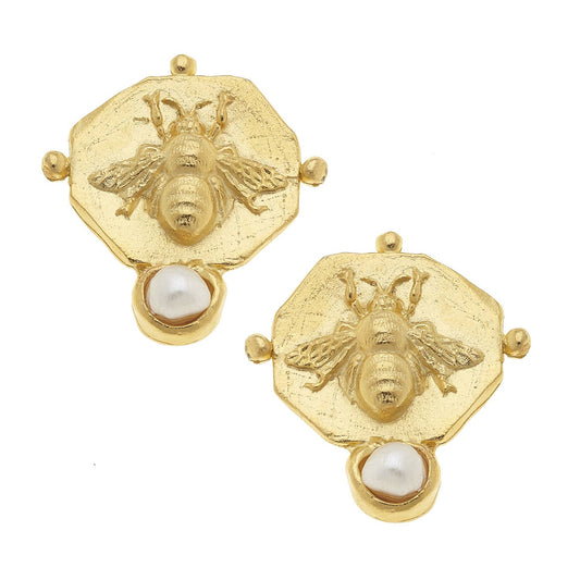 Gold Bee Intaglio Earrings with Handset Genuine Freshwater Pearls