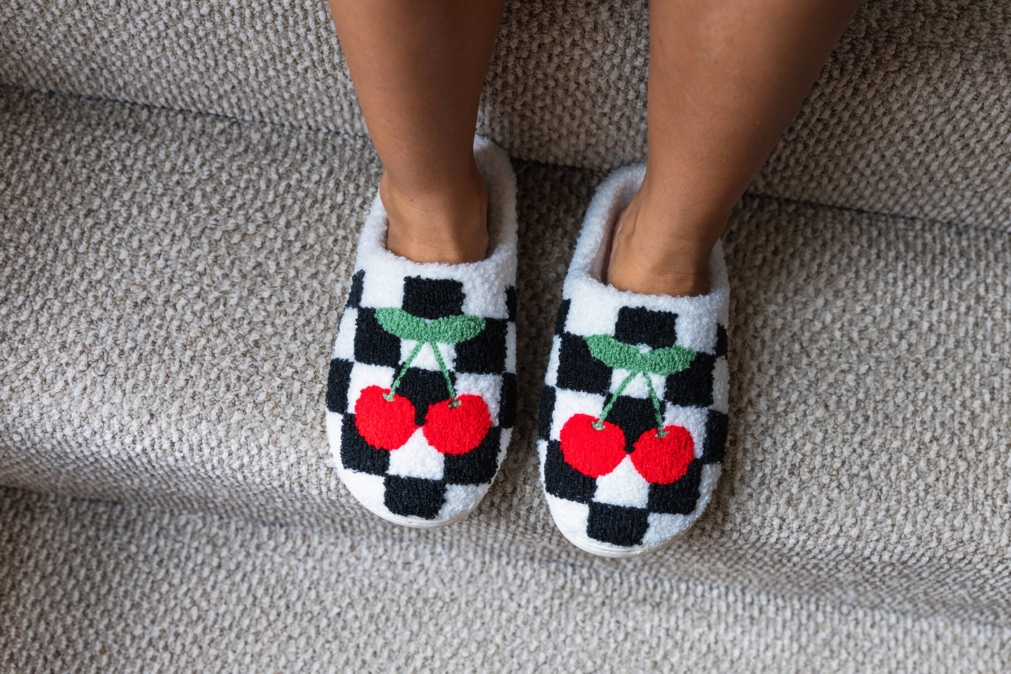 Indoor / Outdoor Slippers-Black & White Checkered w/Cherries
