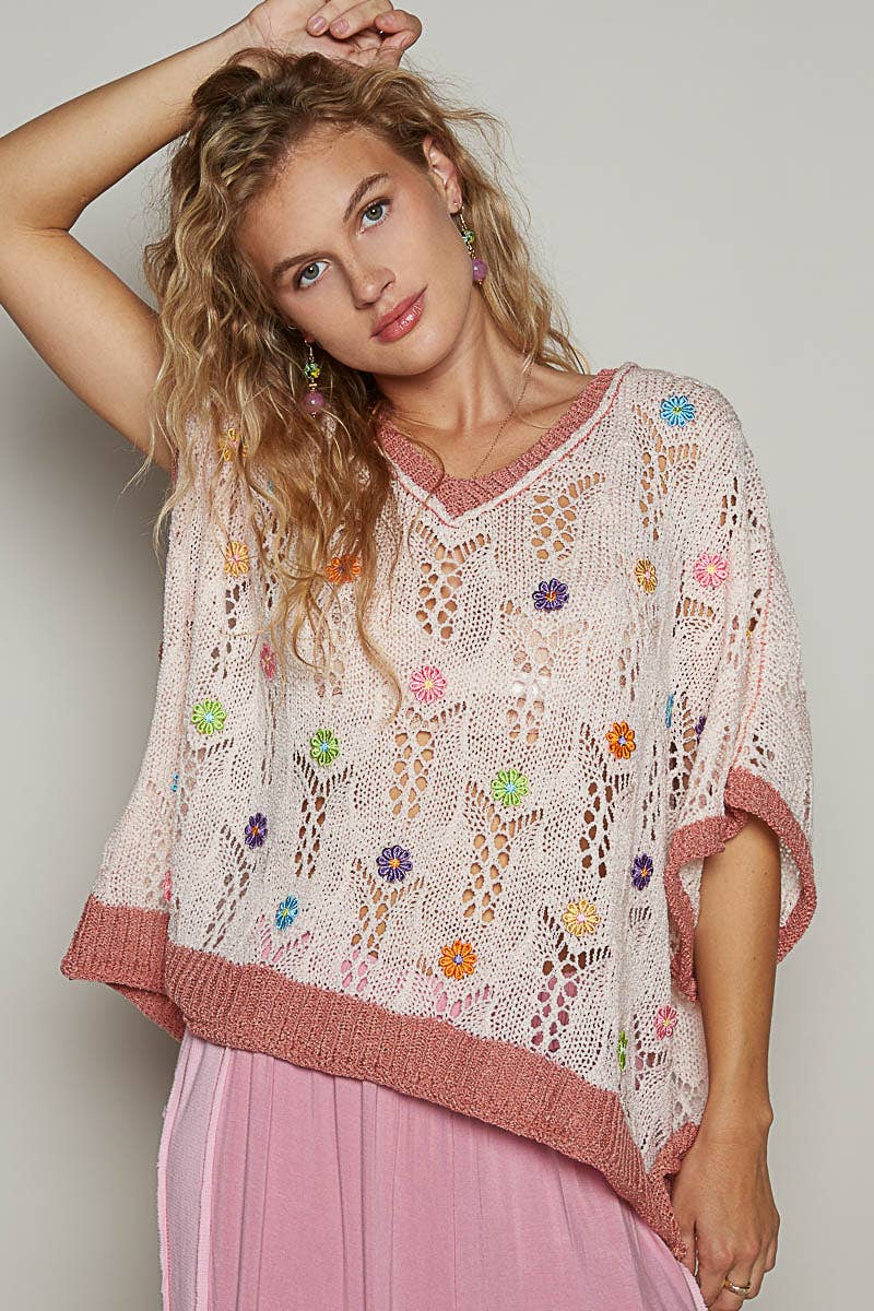 V-Neck Sleeveless Flower Outseam Sweater