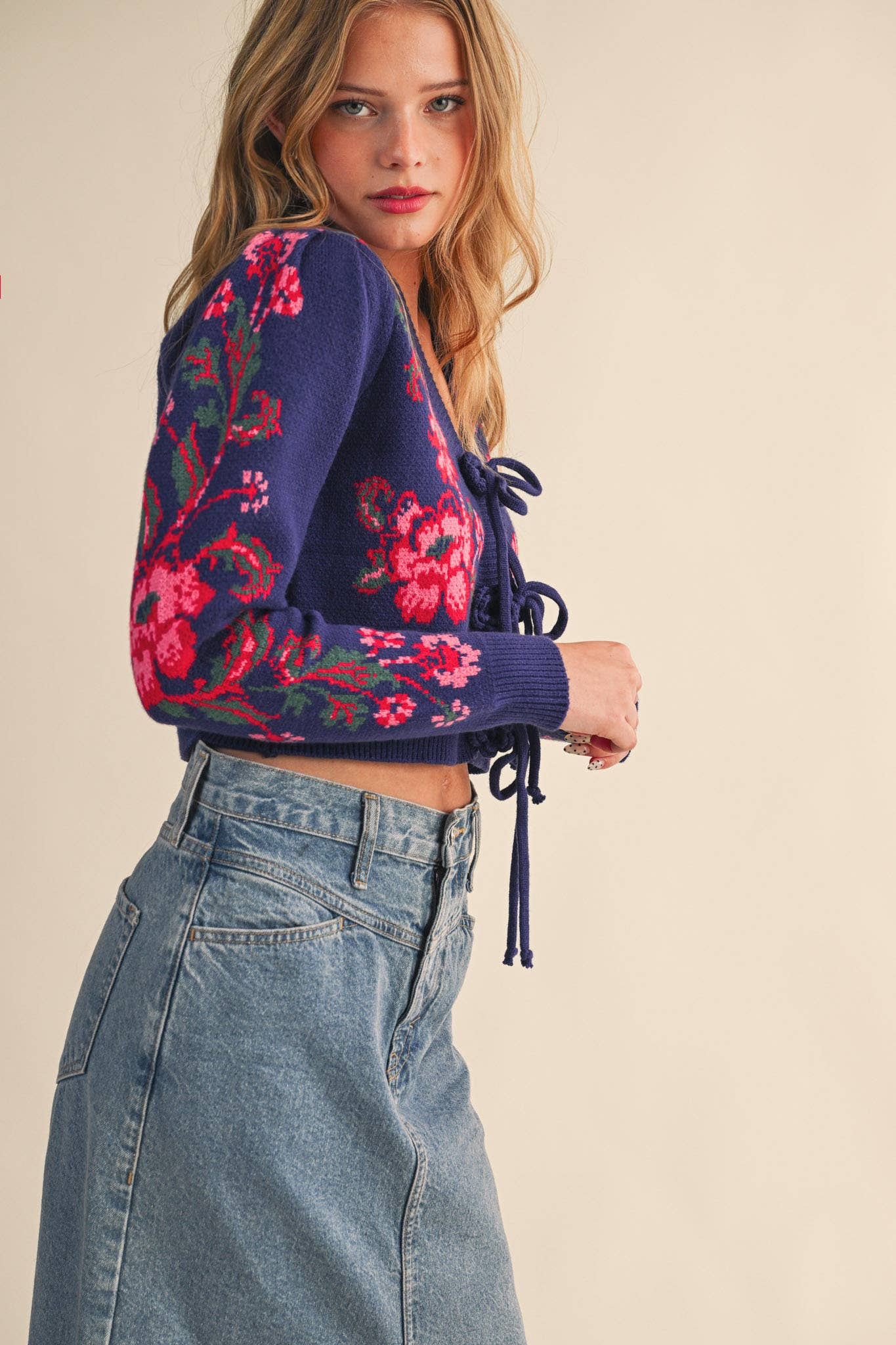 Floral Knit Tie-Front Cardigan