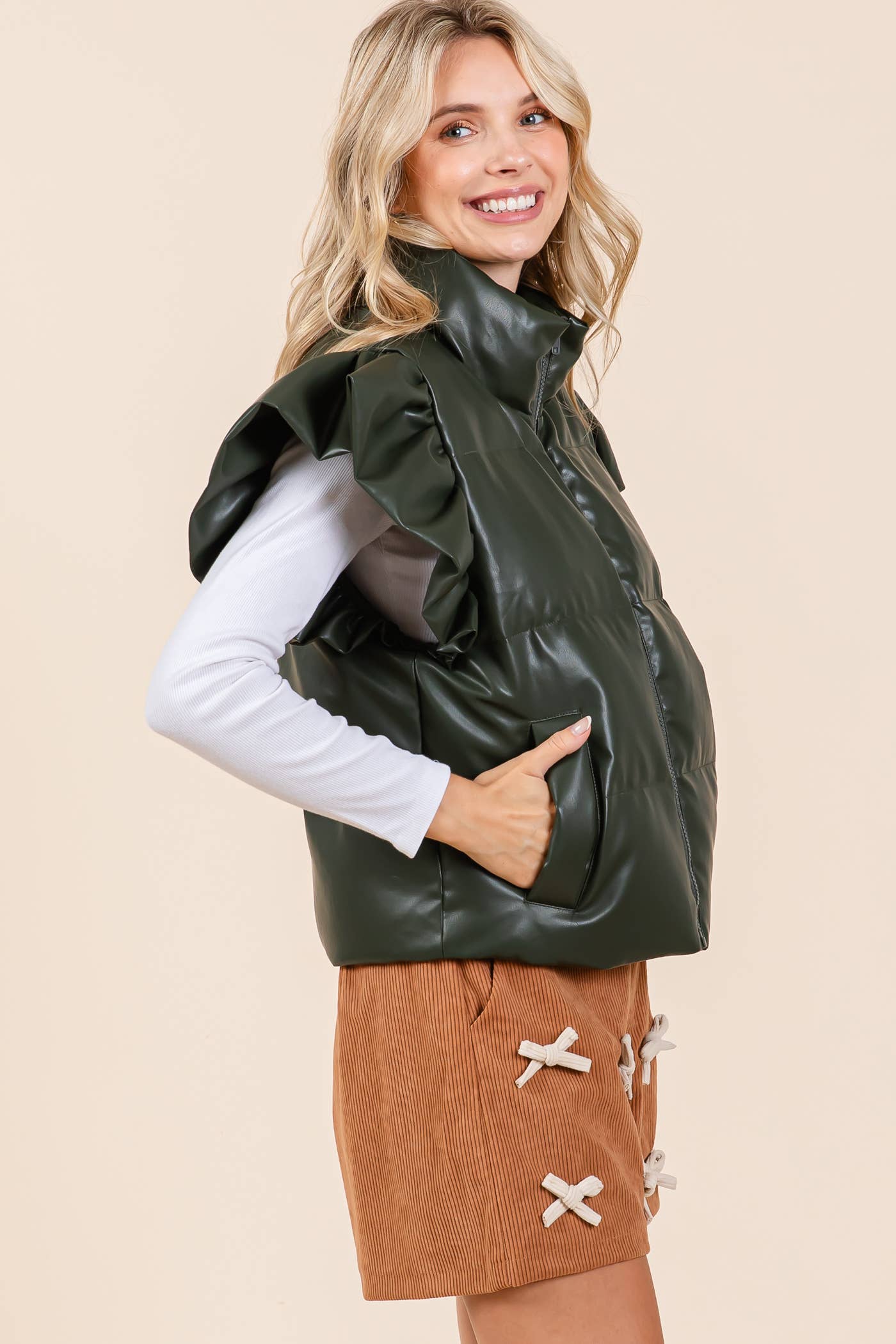 Faux Leather Ruffle Sleeve Puffer Vest