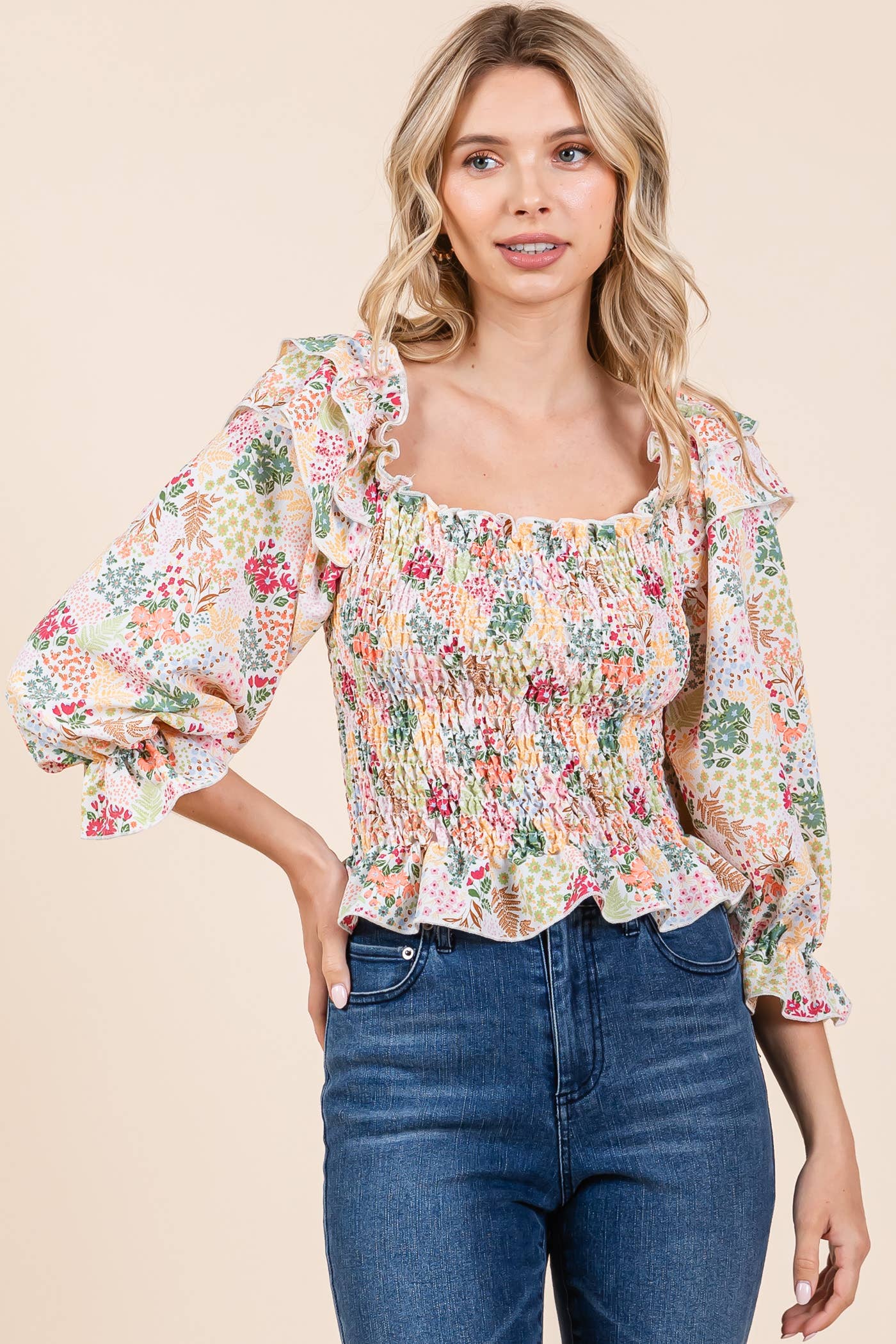 Floral Print Smocked Top