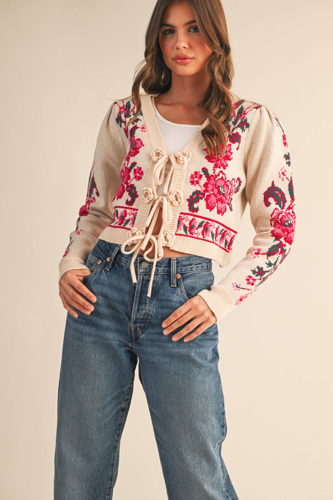 Floral Knit Tie-Front Cardigan