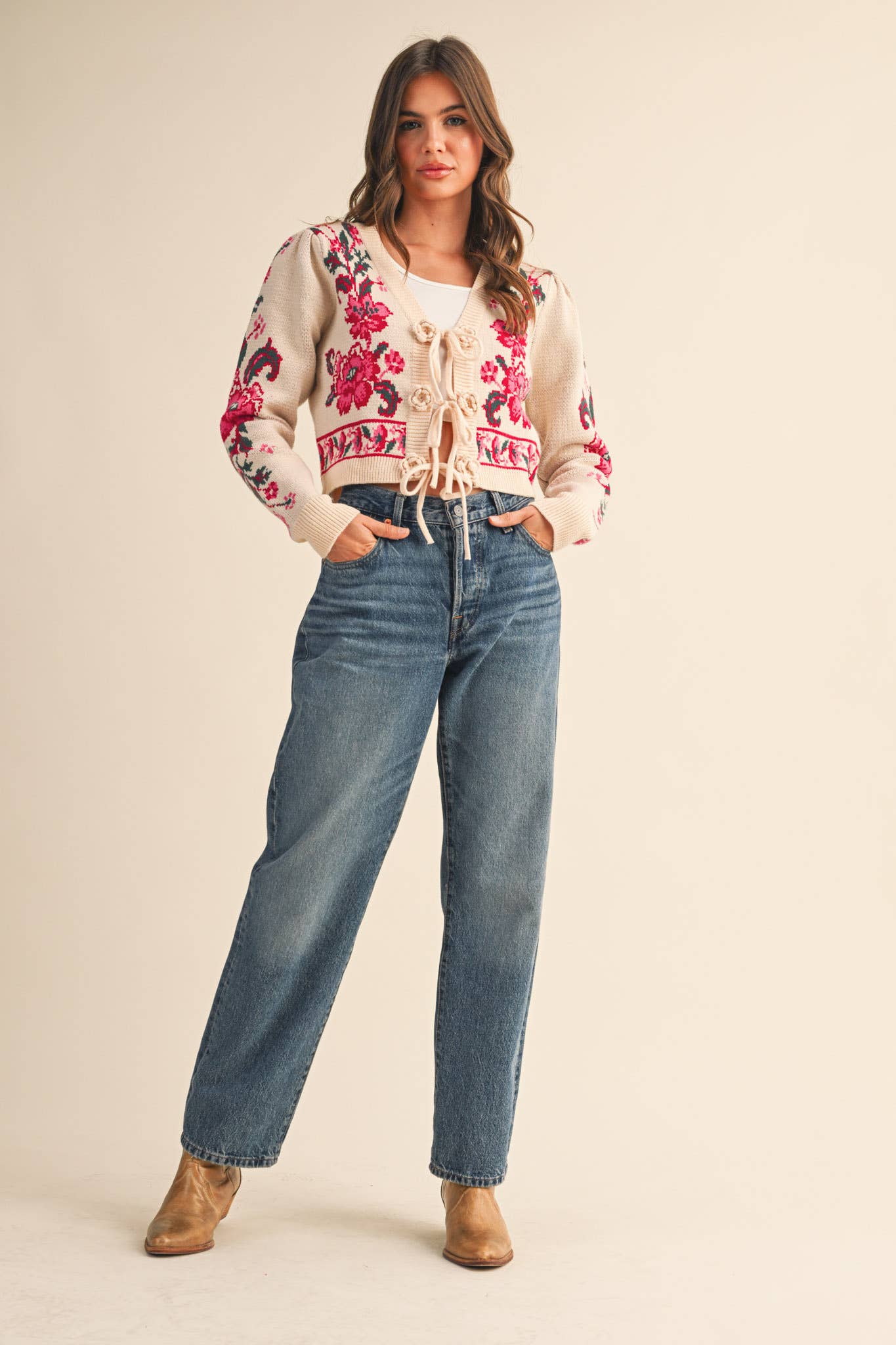 Floral Knit Tie-Front Cardigan