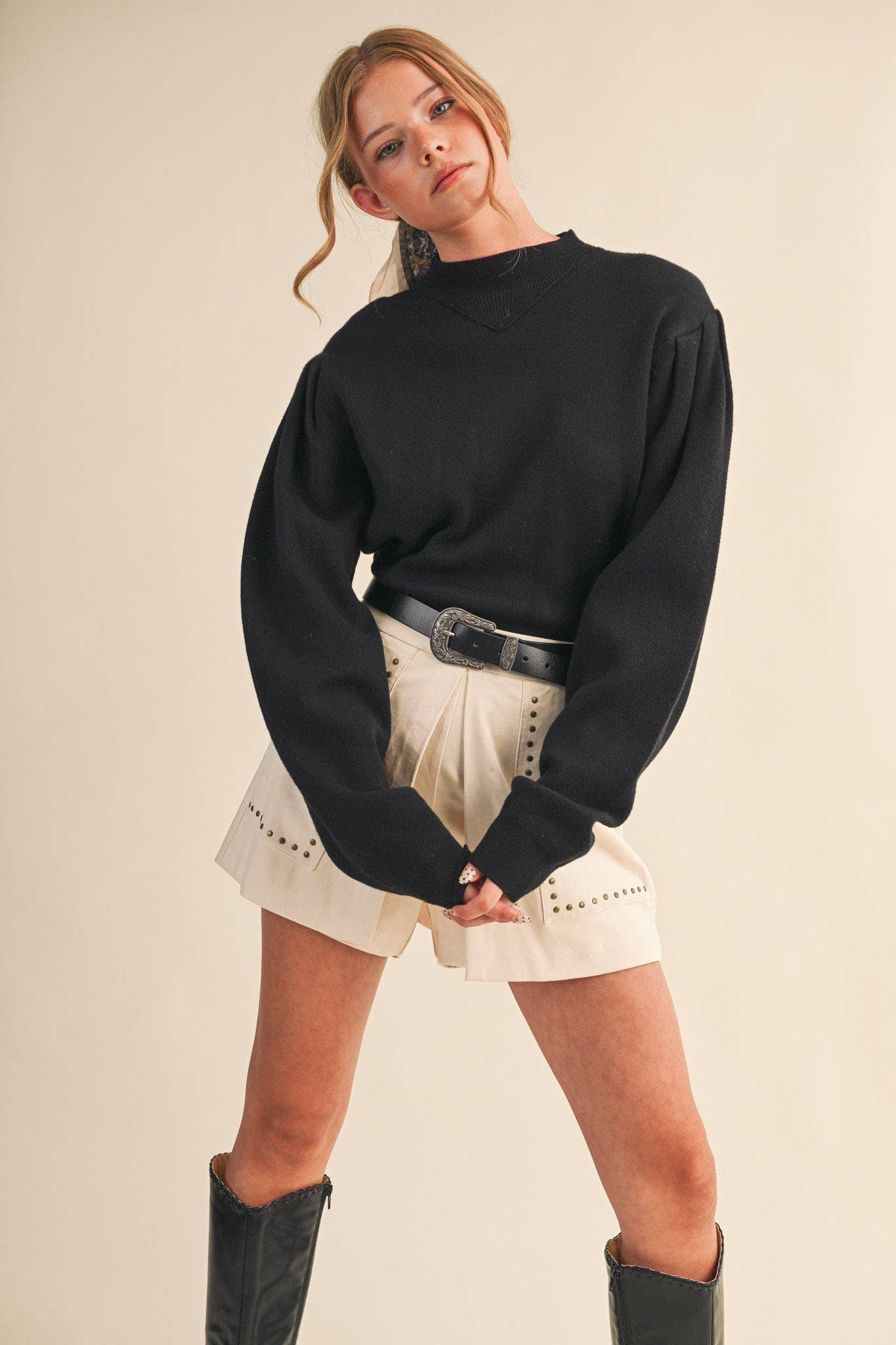 Mock Neck Puff Sleeve Sweater