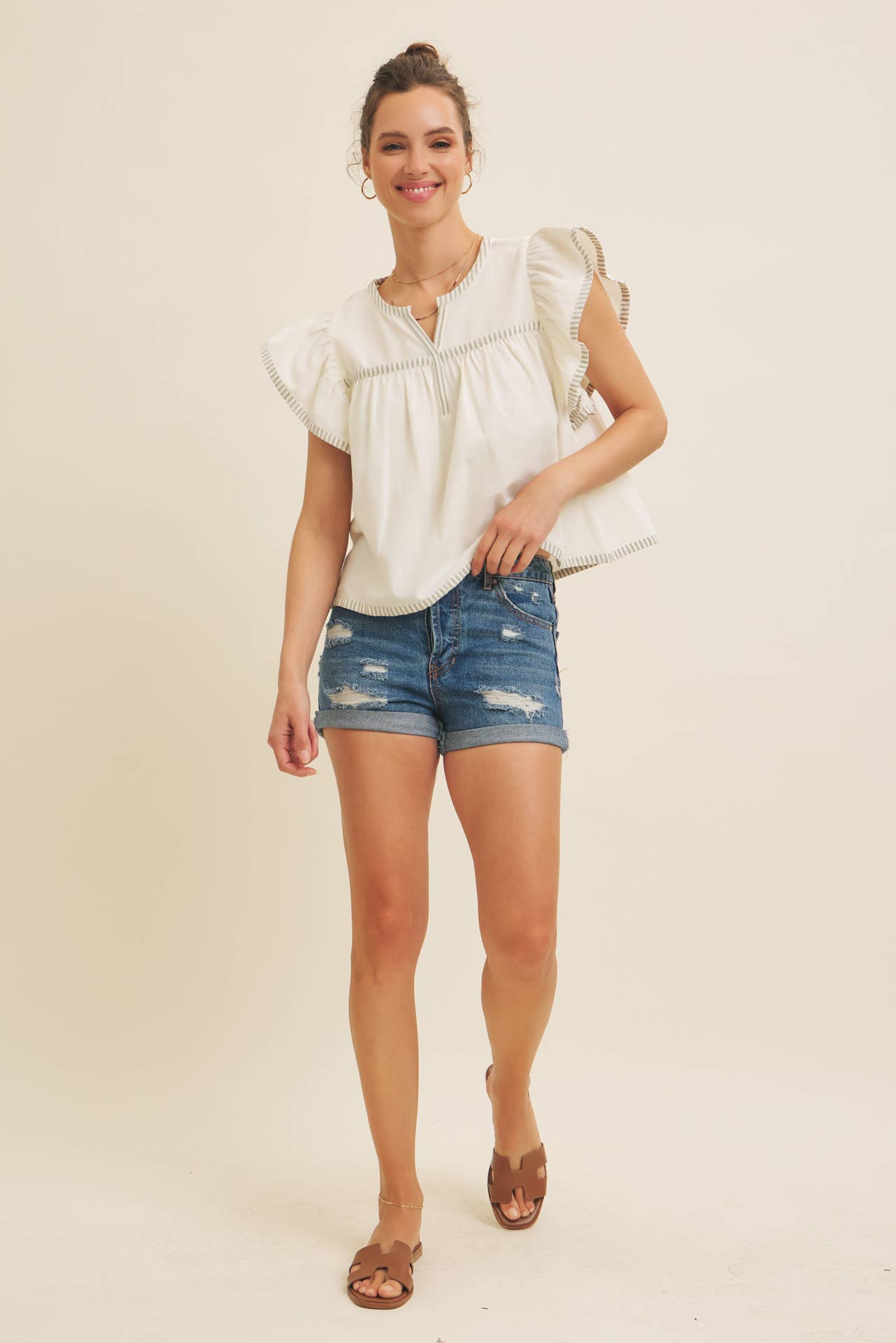 Flutter Sleeve Blouse with Contrast Stripe
