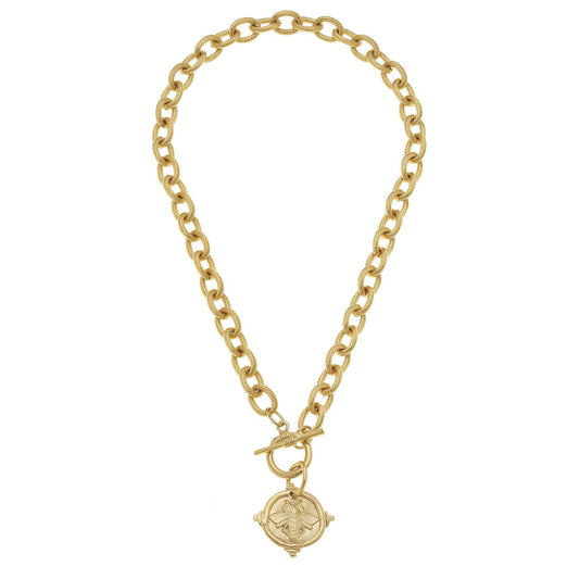 Handcast Gold Intaglio Bee Front Toggle Necklace