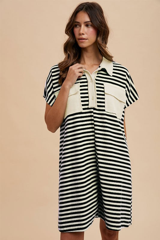 Striped Dolman Sleeve Polo Dress