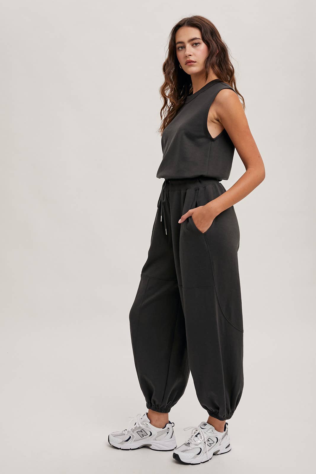 Drawstring Waist Sleeveless Knit Active Jumpsuit
