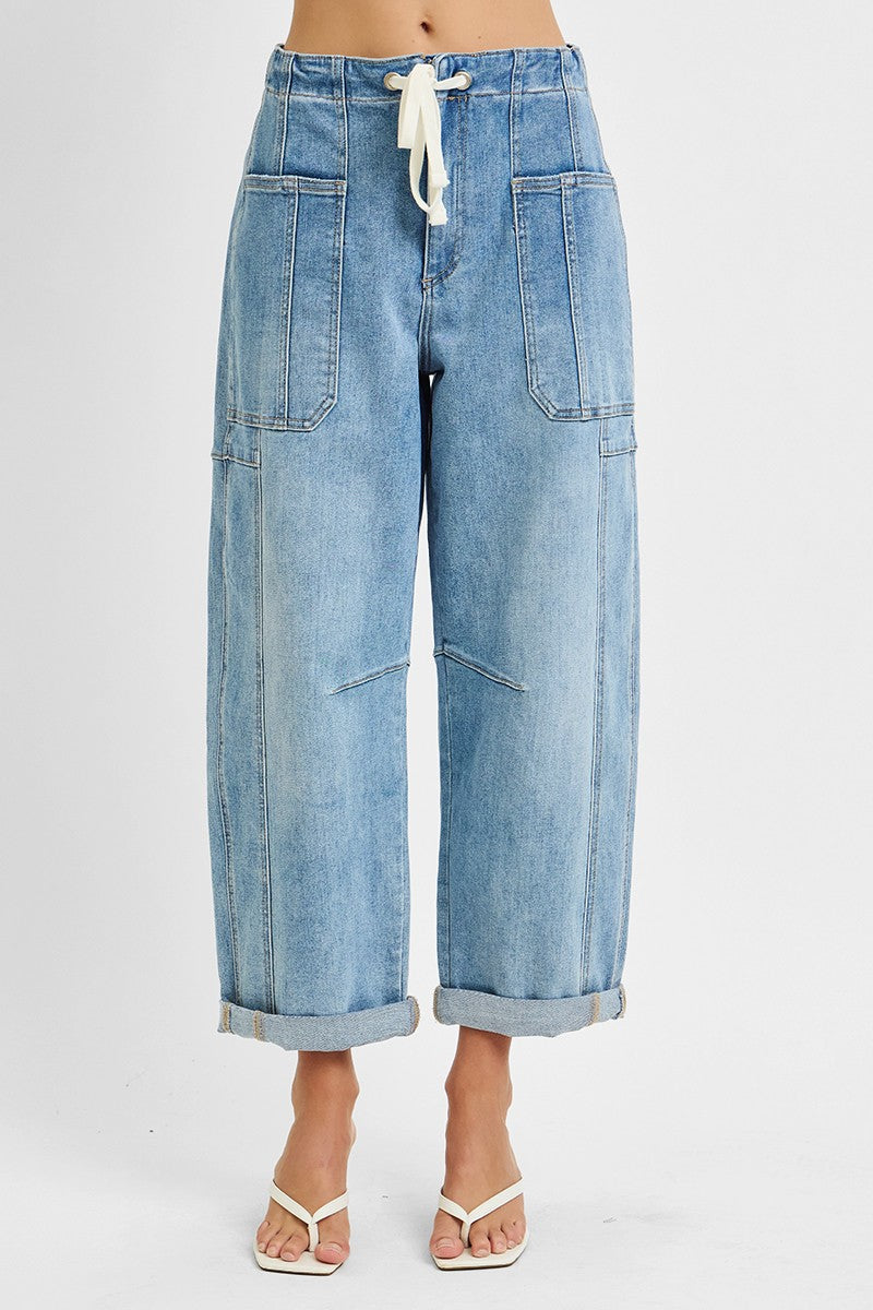 High Rise Crop Wide Barrel Cargo Pocket Pants