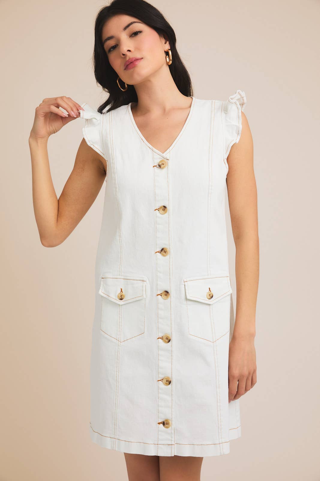 Sleeveless V-Neck Button Up Denim Dress