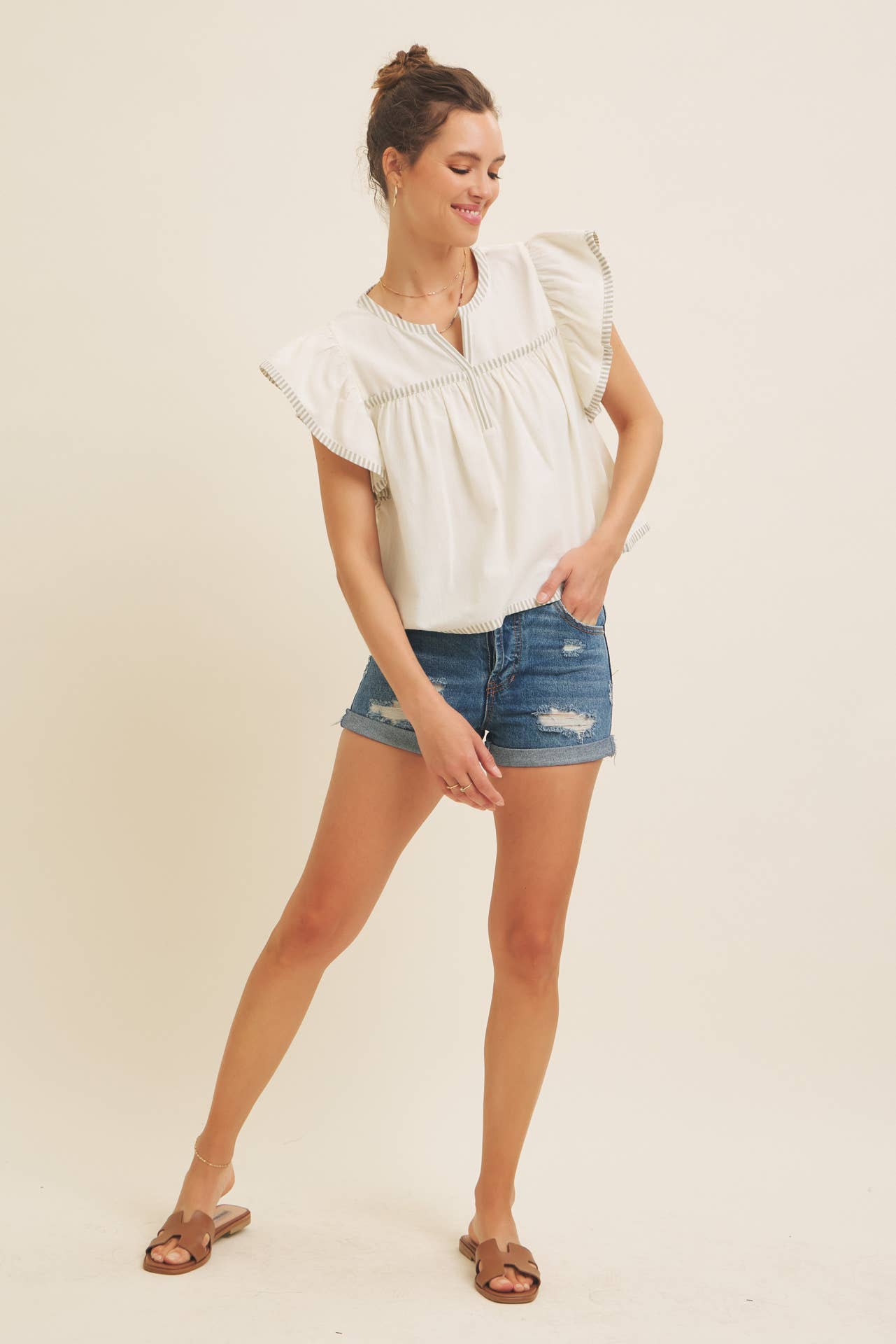 Flutter Sleeve Blouse with Contrast Stripe