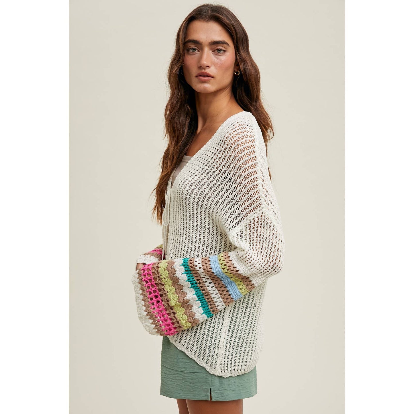 Multi-Color Sleeve Detail Crochet Cardigan