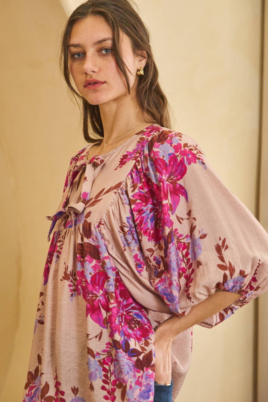 Floral Printed Batwing Sleeve Front Tie Top