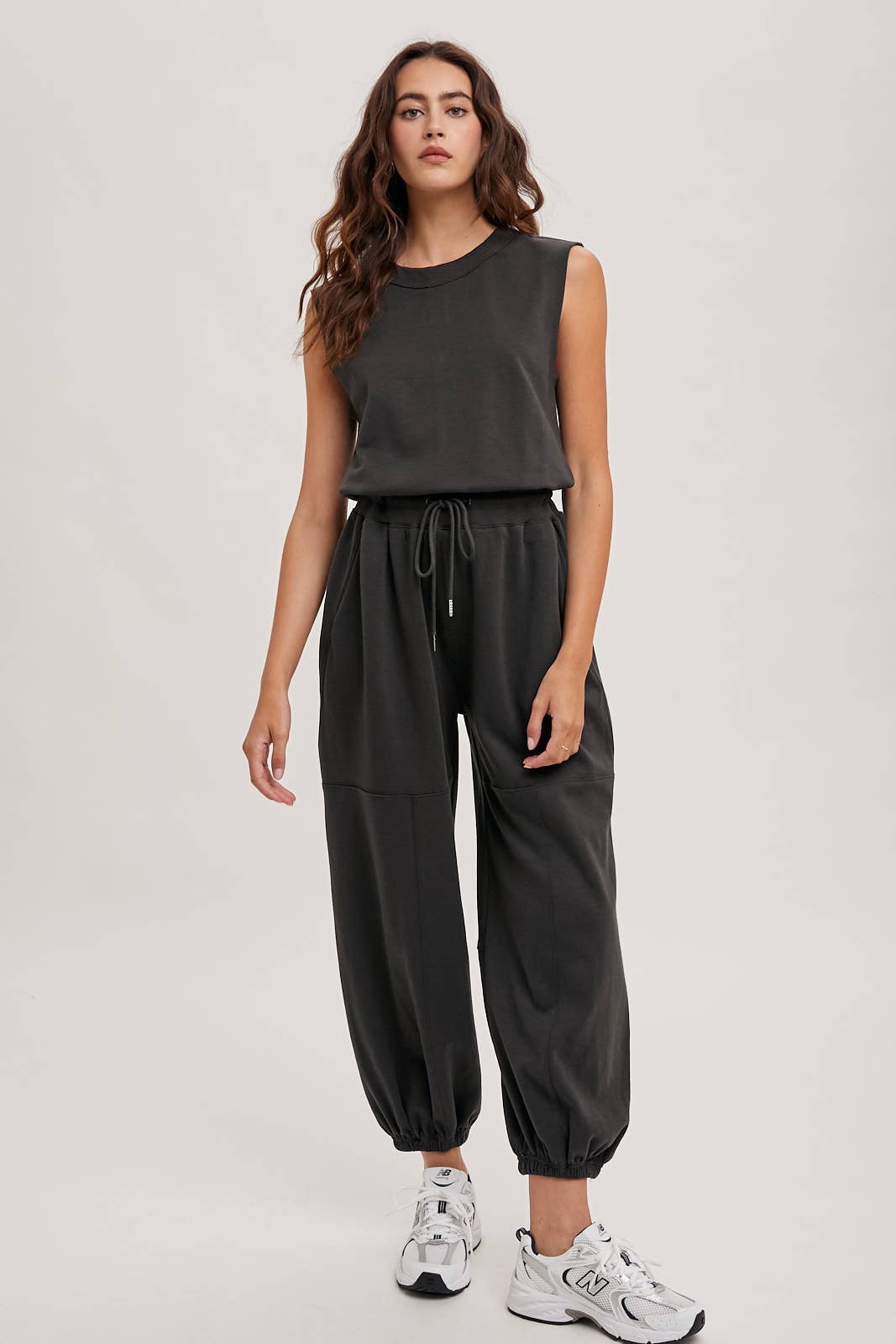 Drawstring Waist Sleeveless Knit Active Jumpsuit