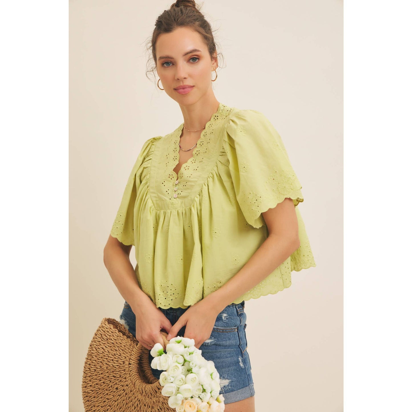 Elegant Scallop Eyelet Blouse