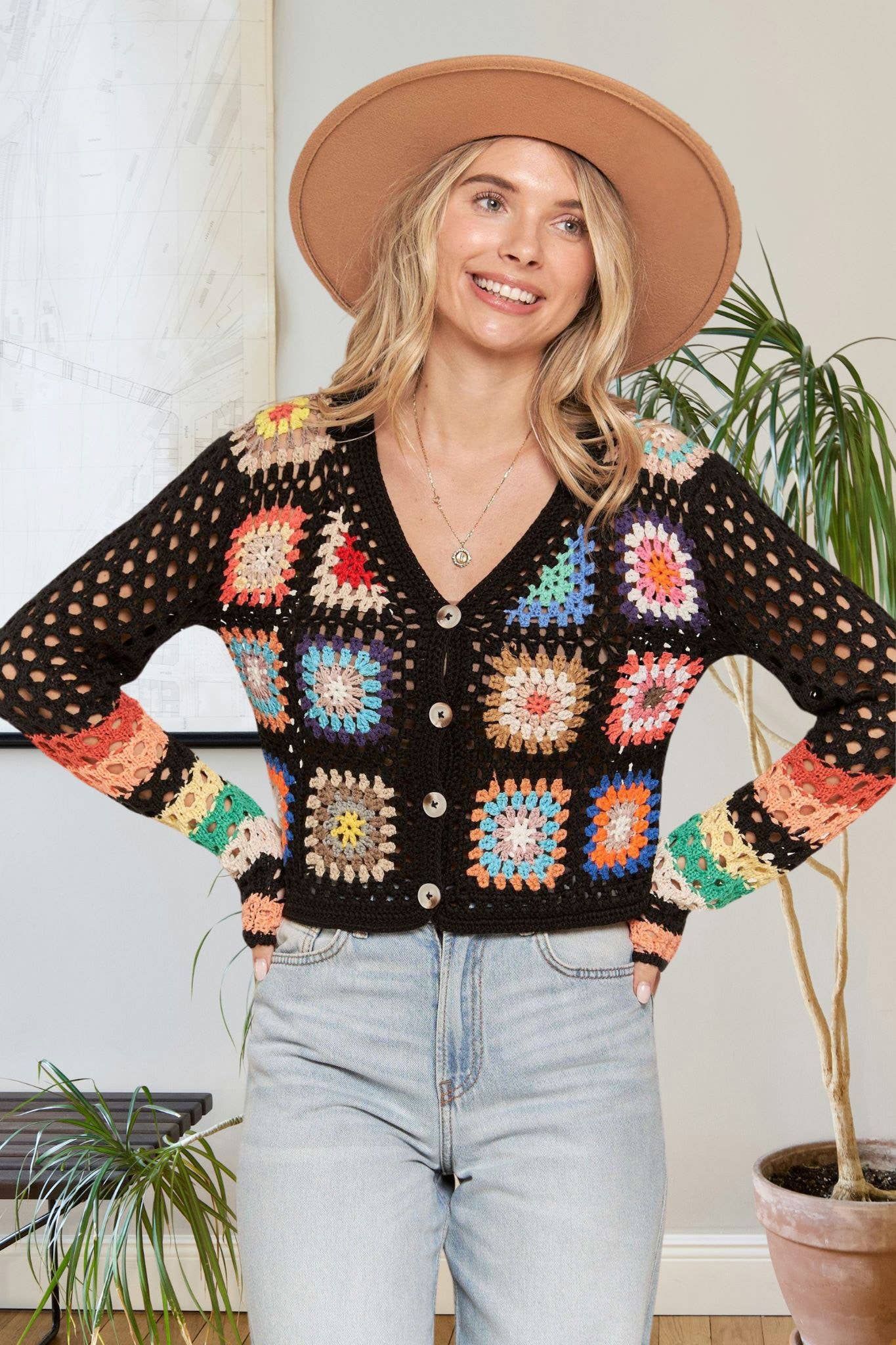 Multi Color Crochet Knit Cardigan