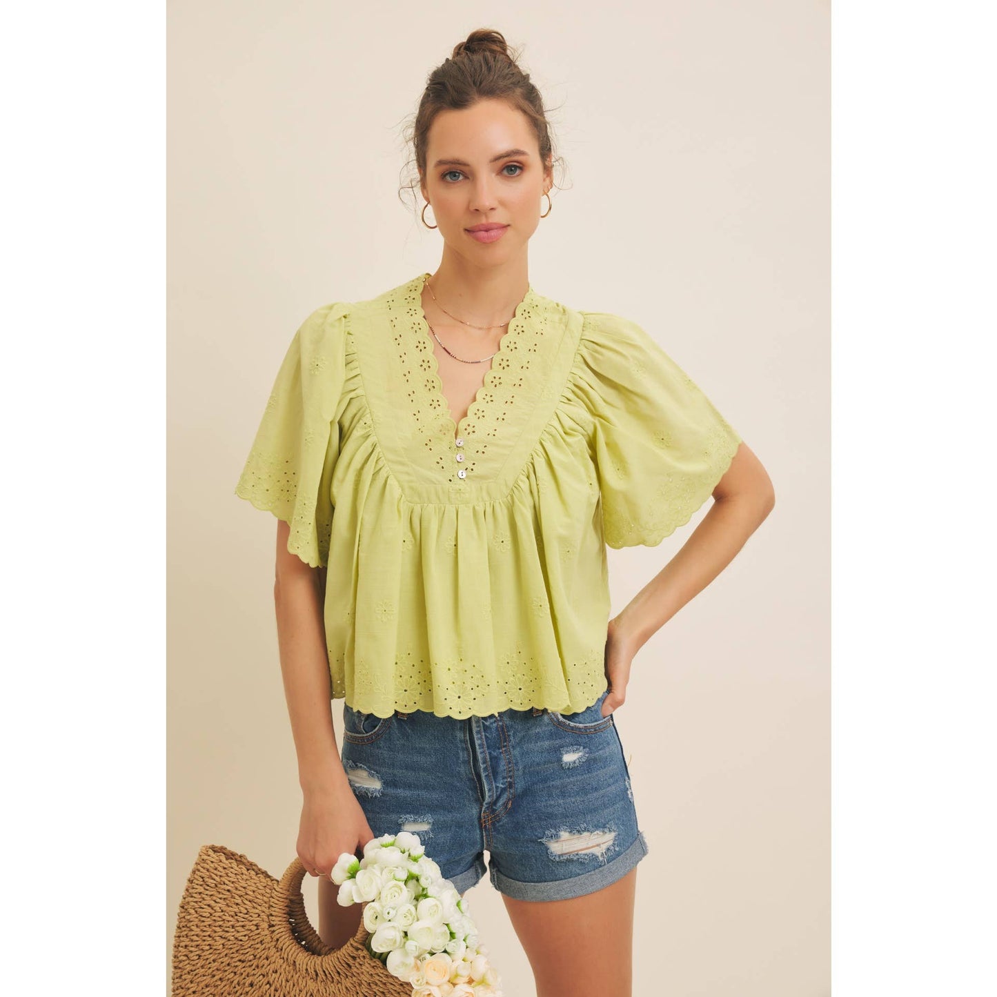 Elegant Scallop Eyelet Blouse