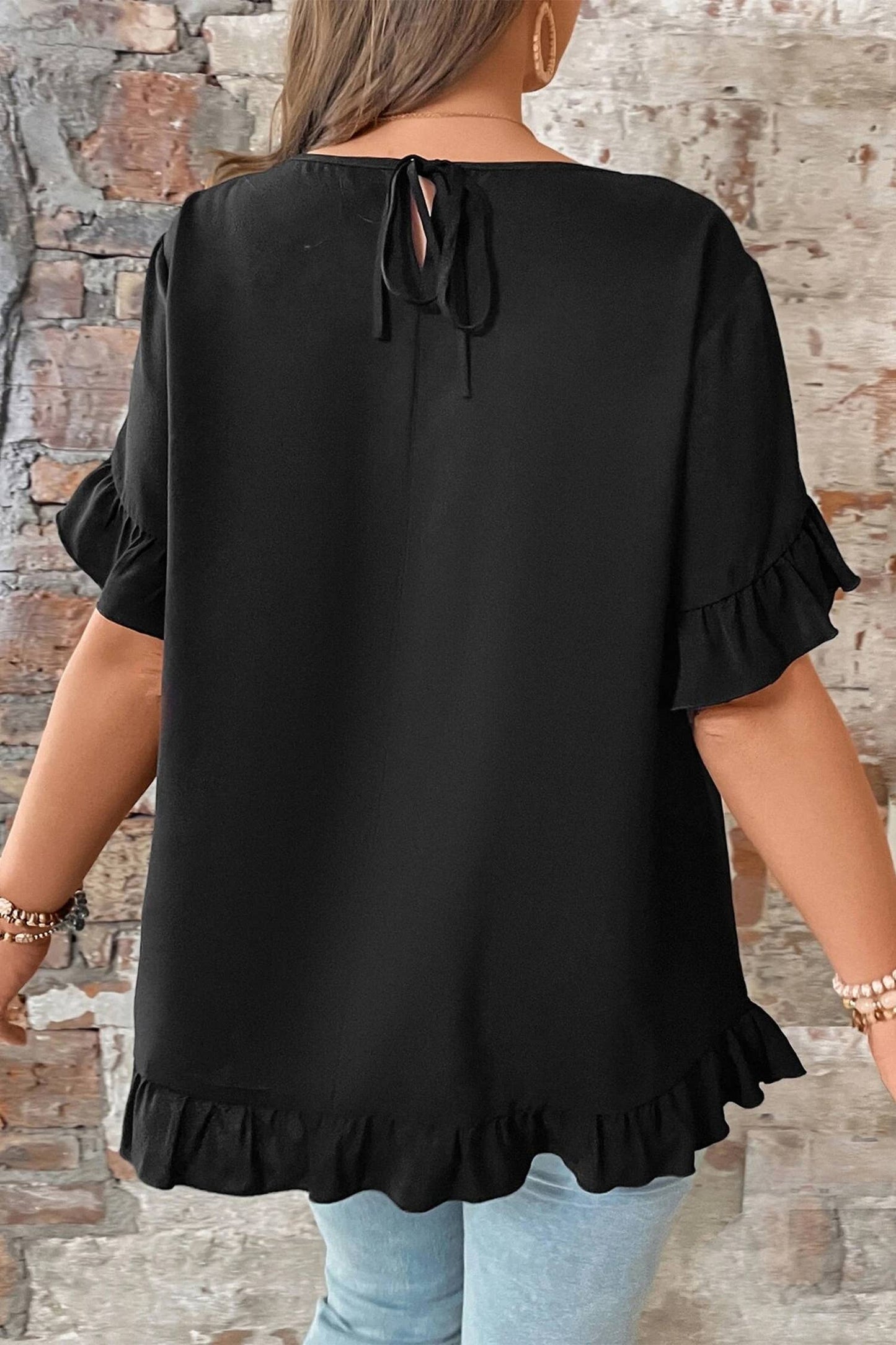 Solid Color Ruffle Trim Petal Sleeve Plus Size Tee