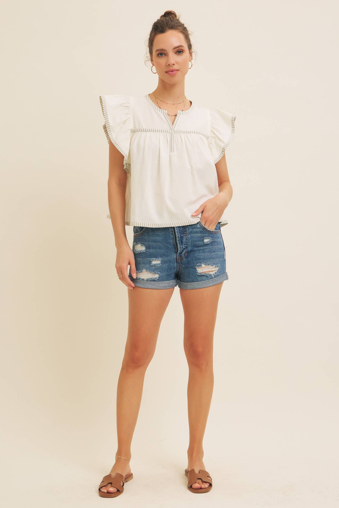 Flutter Sleeve Blouse with Contrast Stripe
