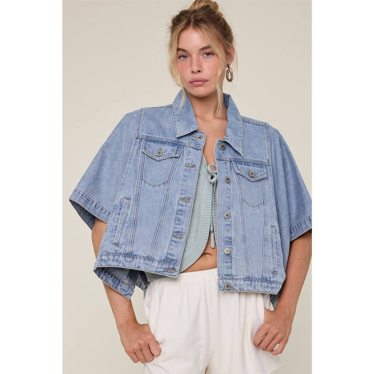 Short Sleeve Oversized Denim Poncho Jacket
