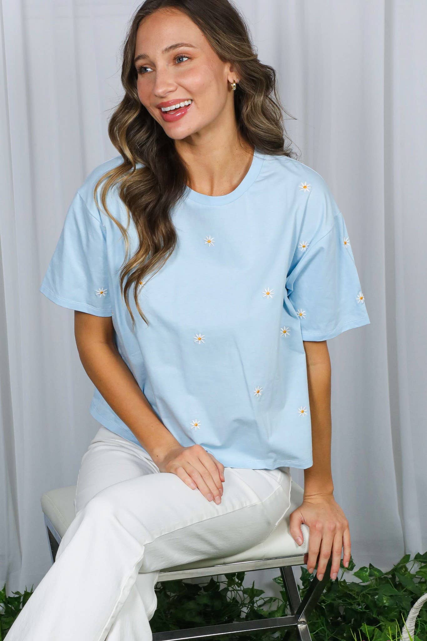 Floral Embroidered Crew Neck Tee