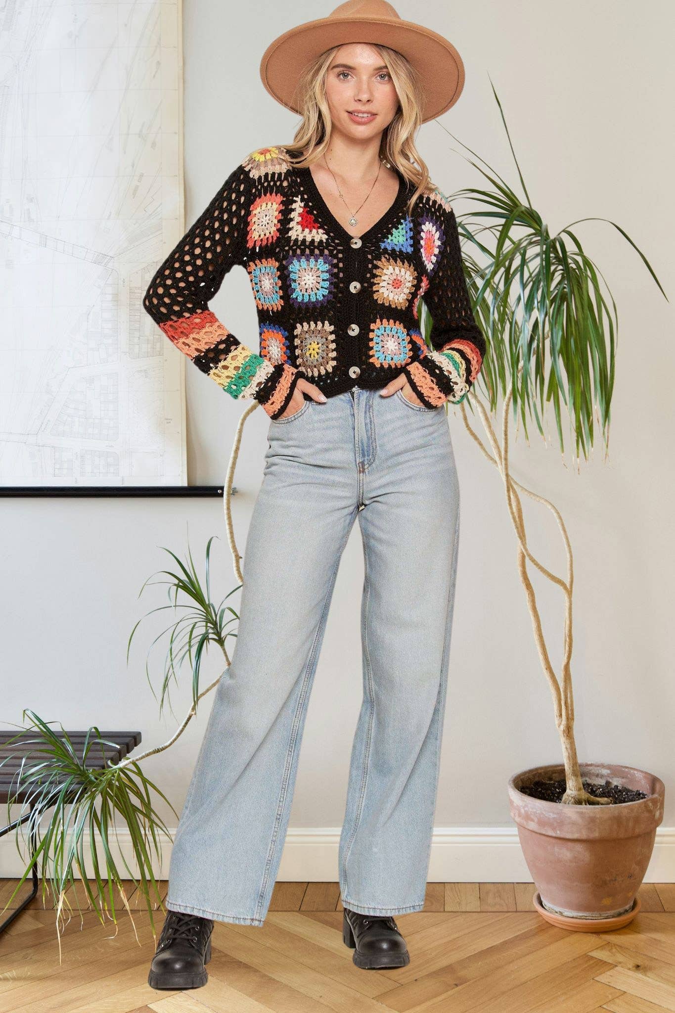 Multi Color Crochet Knit Cardigan