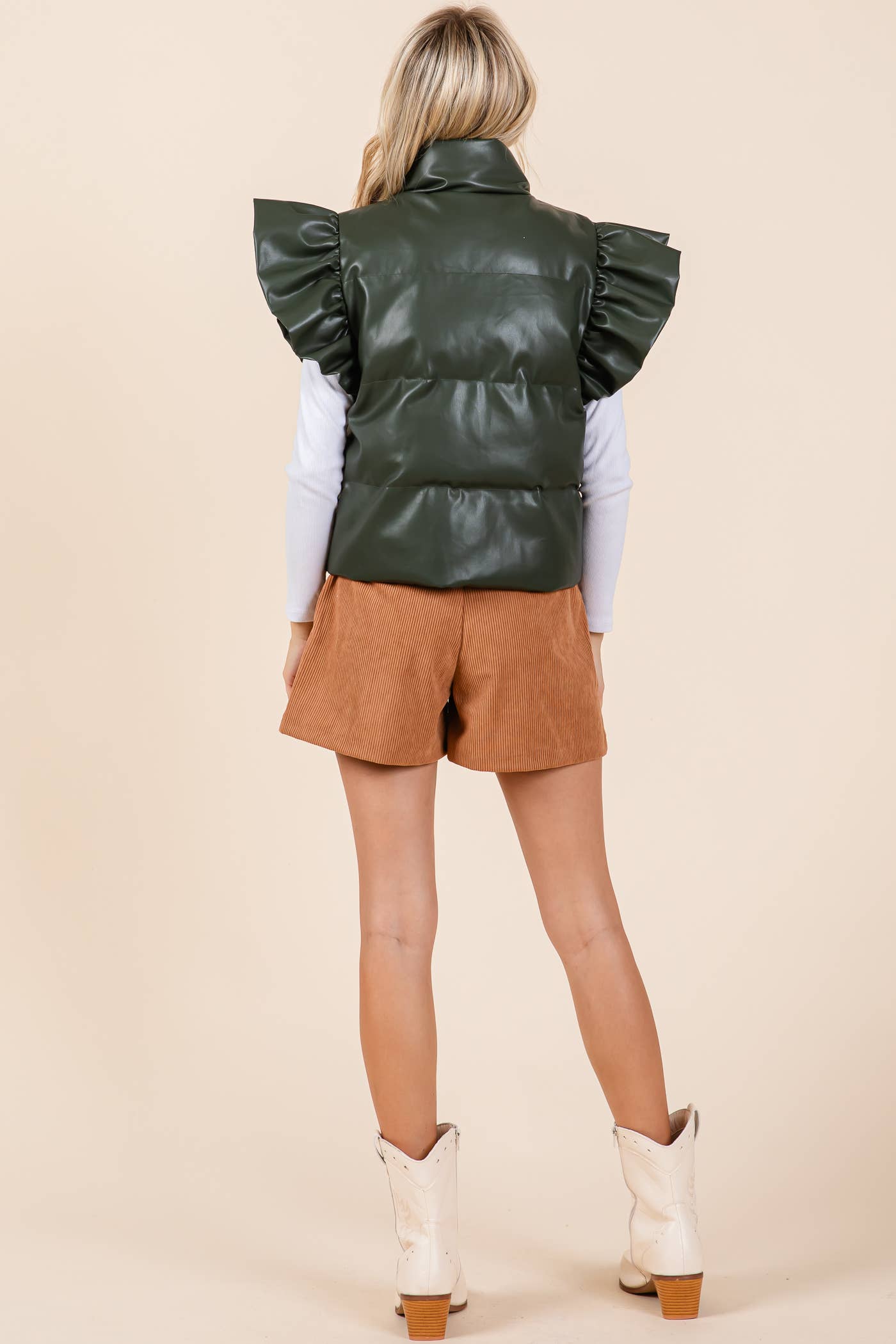 Faux Leather Ruffle Sleeve Puffer Vest