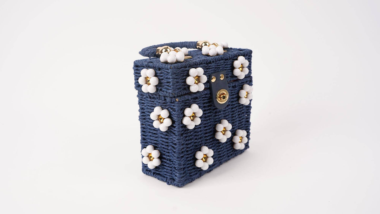 Wicker Bucket Daisy Flower Purse: White Purse + Red Daisy / Yellow Rhinestone