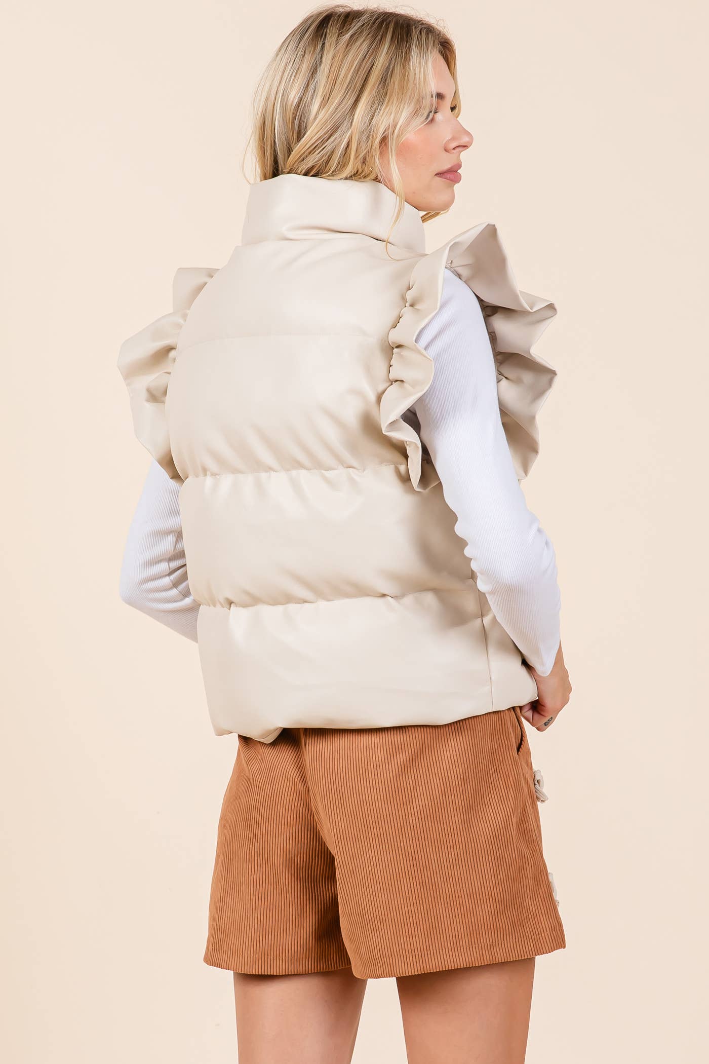 Faux Leather Ruffle Sleeve Puffer Vest