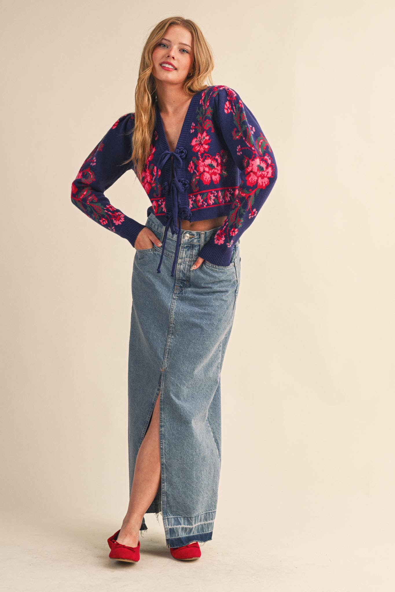 Floral Knit Tie-Front Cardigan
