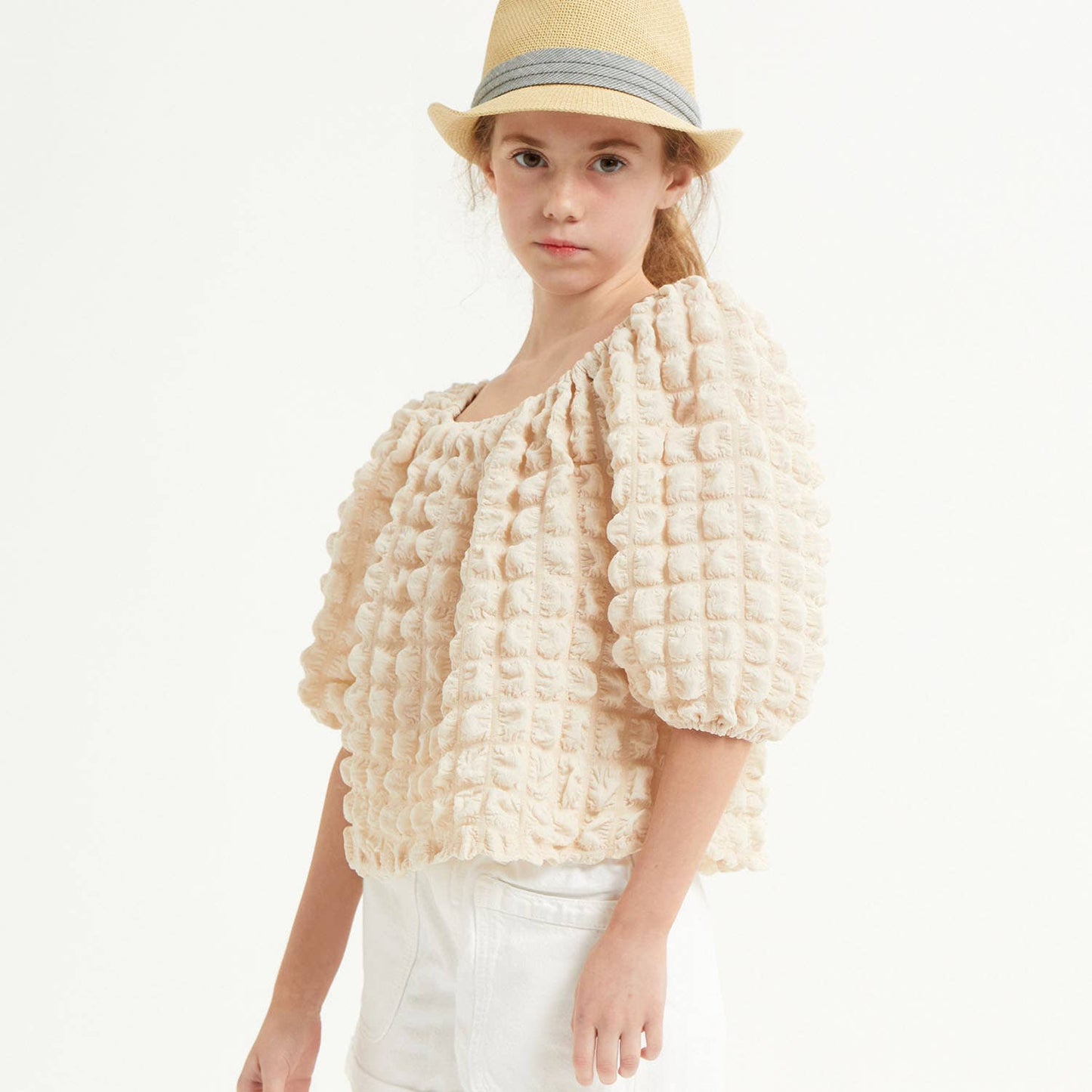 Embossed Bubble Texture Balloon Sleeve Top