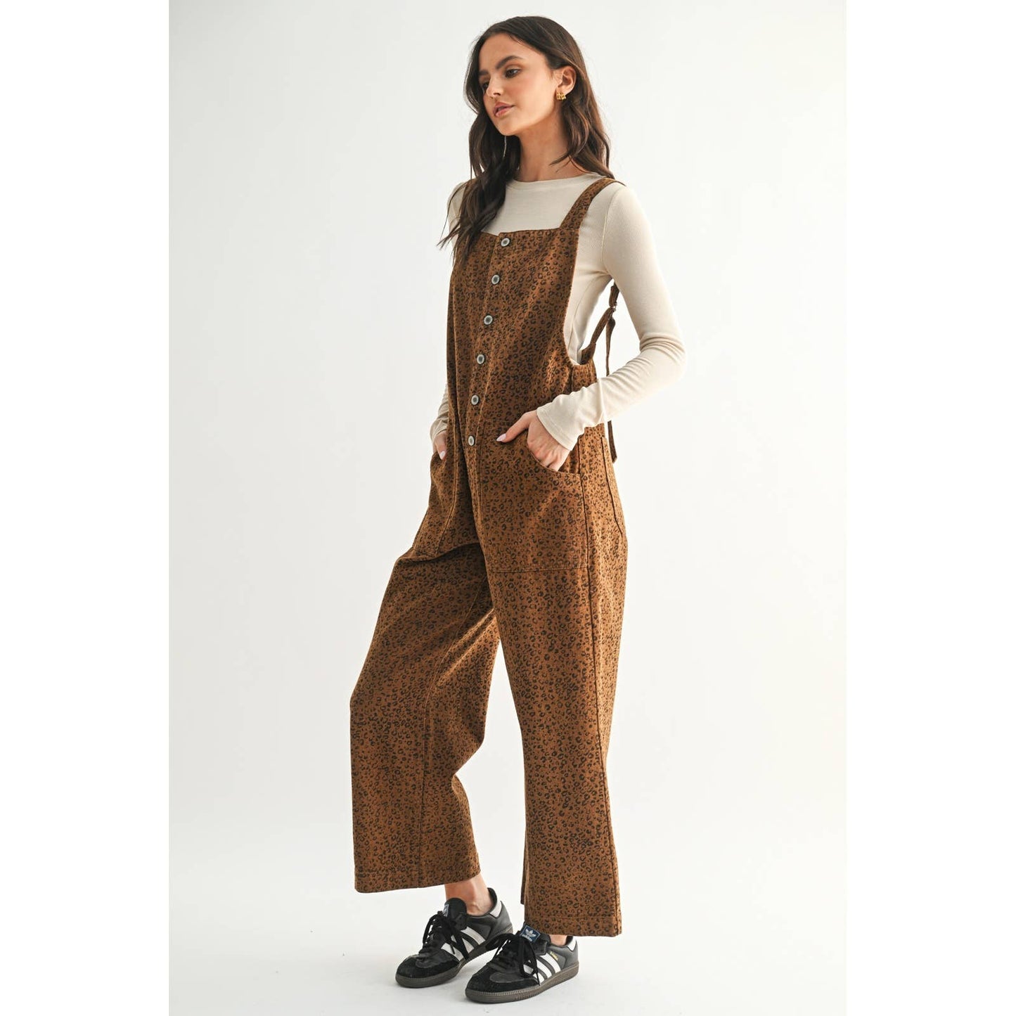 Leopard Button-Up Denim Overall