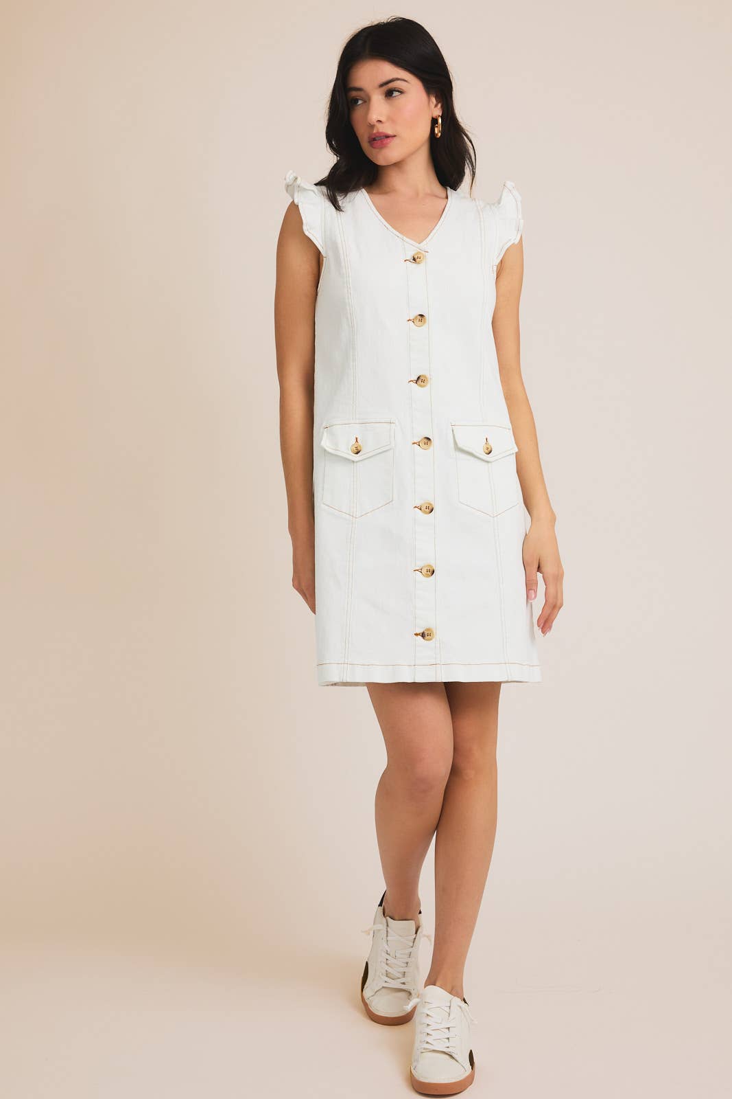 Sleeveless V-Neck Button Up Denim Dress
