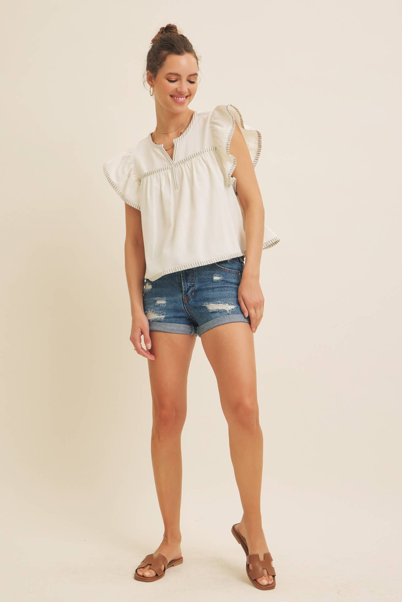 Flutter Sleeve Blouse with Contrast Stripe