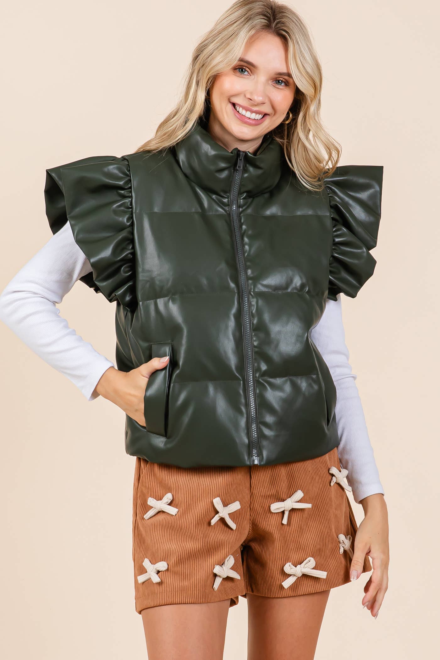 Faux Leather Ruffle Sleeve Puffer Vest