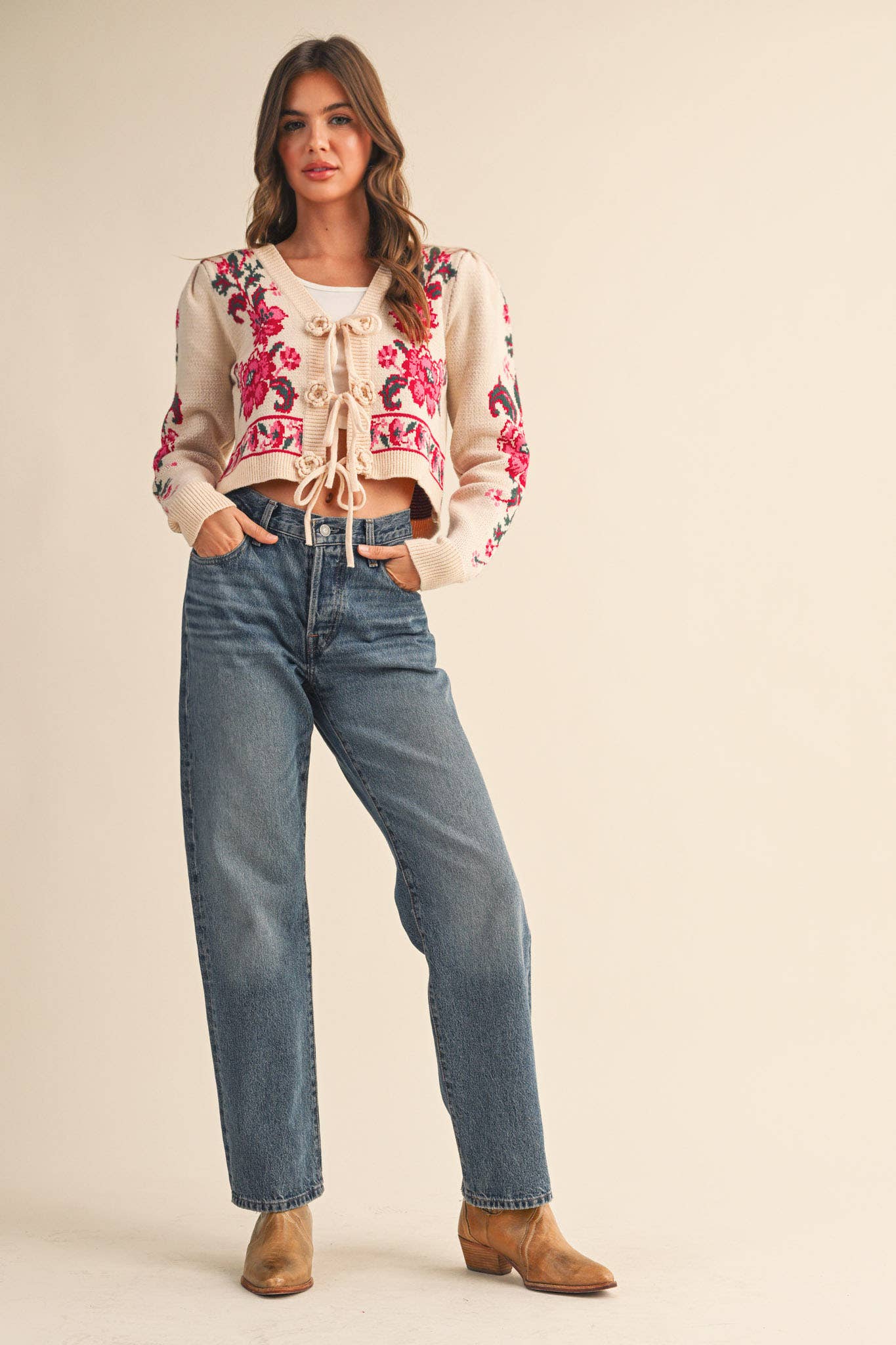 Floral Knit Tie-Front Cardigan