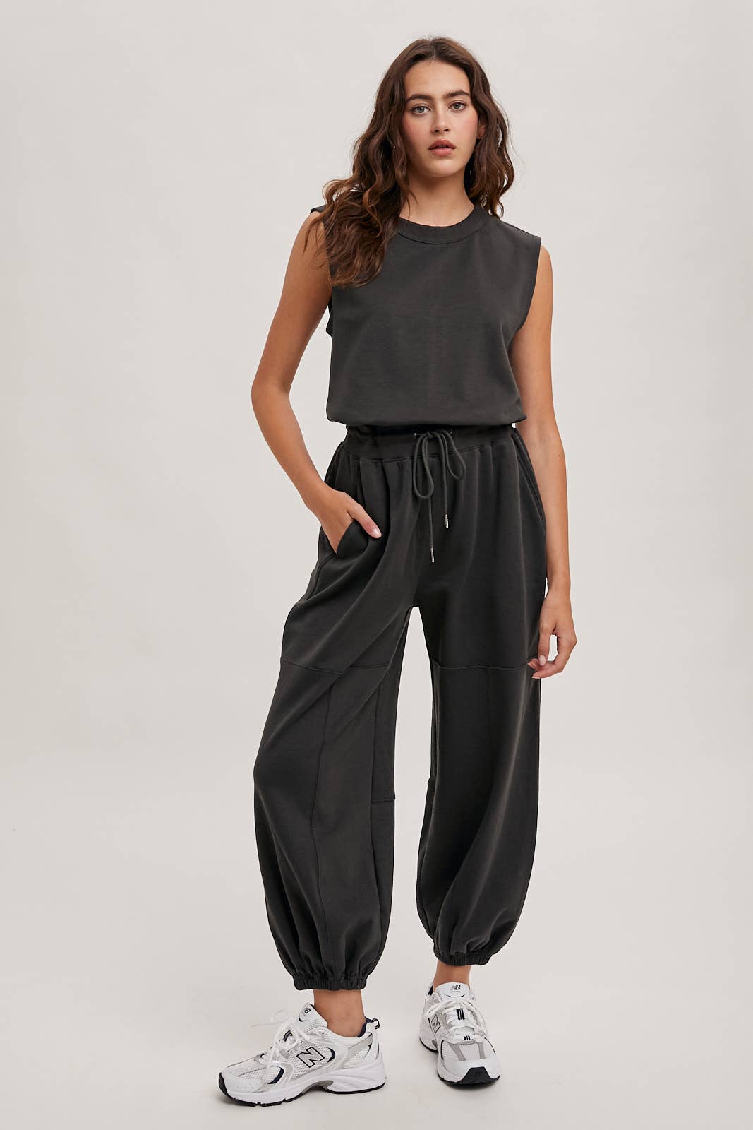 Drawstring Waist Sleeveless Knit Active Jumpsuit