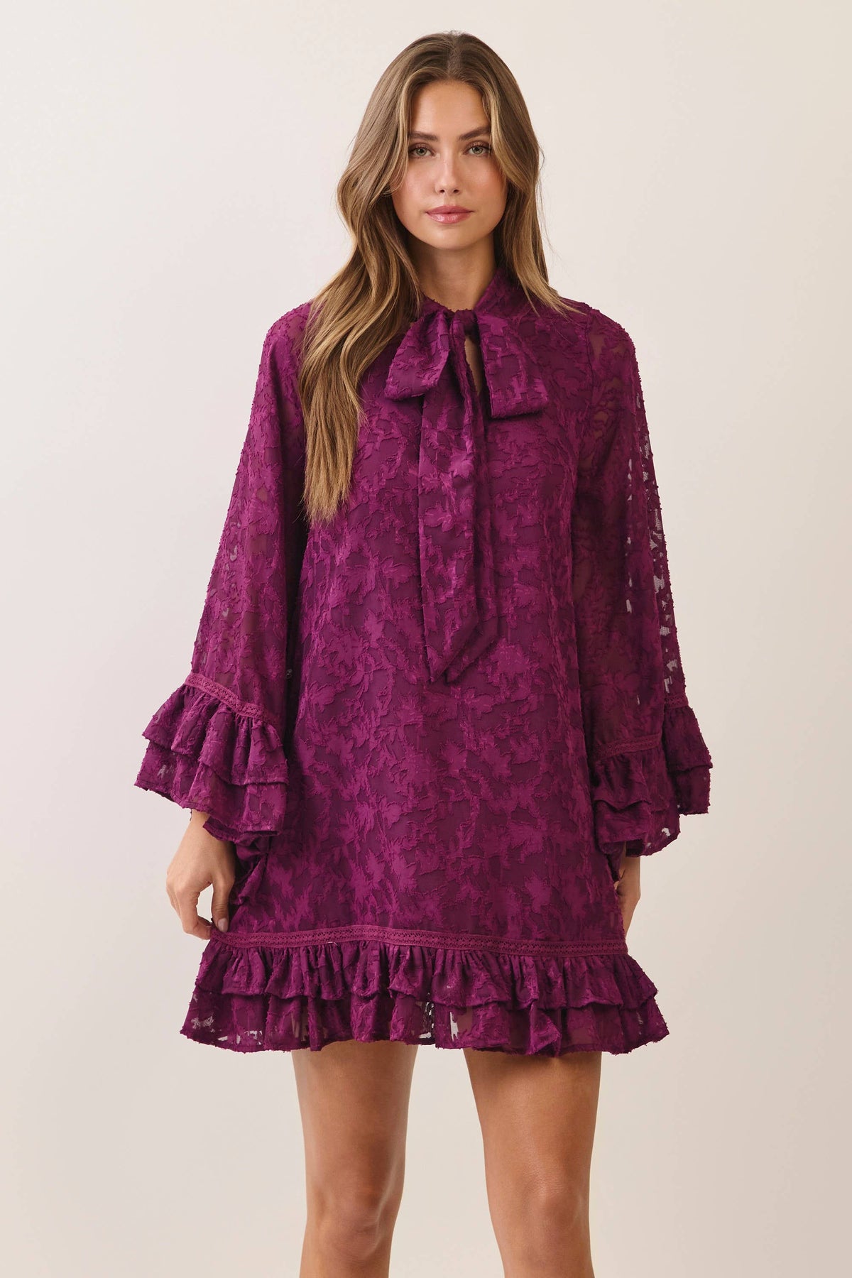 Textured Bow Neck Ruffle Mini Dress