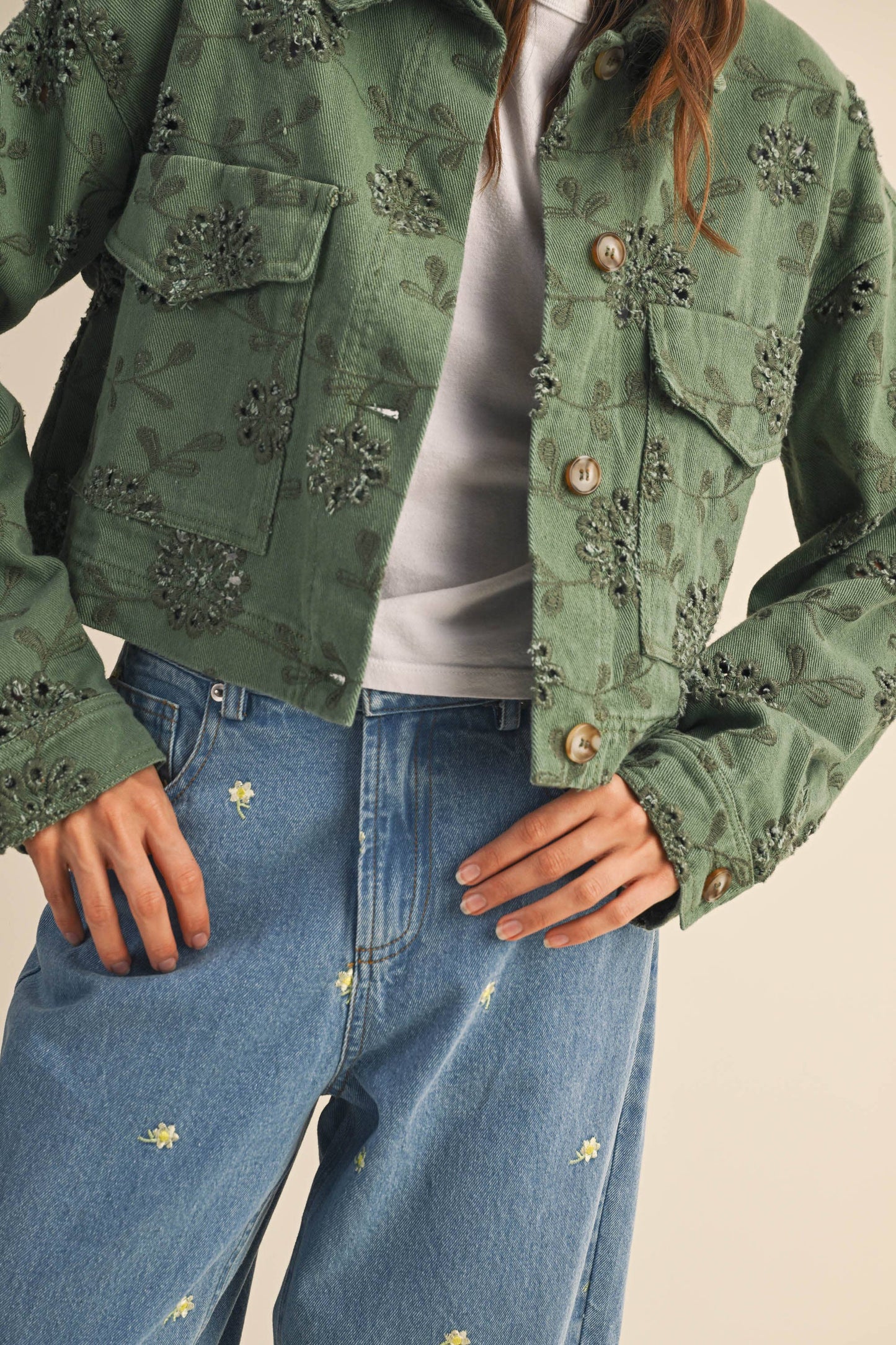 Eyelet Twill Cropped Trucker Jacket