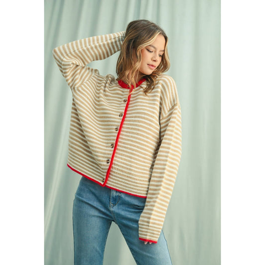 Contrast Striped Button-Up Cardigan