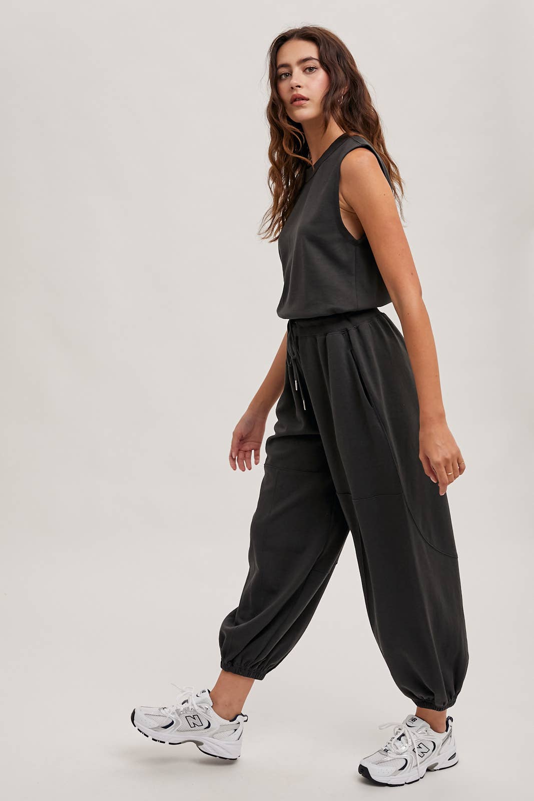 Drawstring Waist Sleeveless Knit Active Jumpsuit