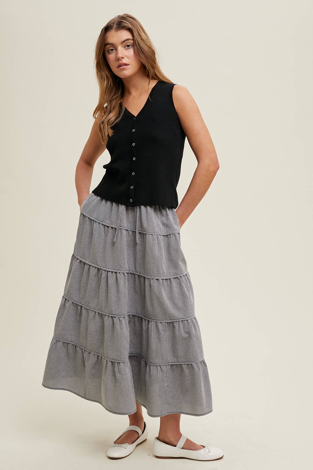Gingham Tiered Midi Skirt